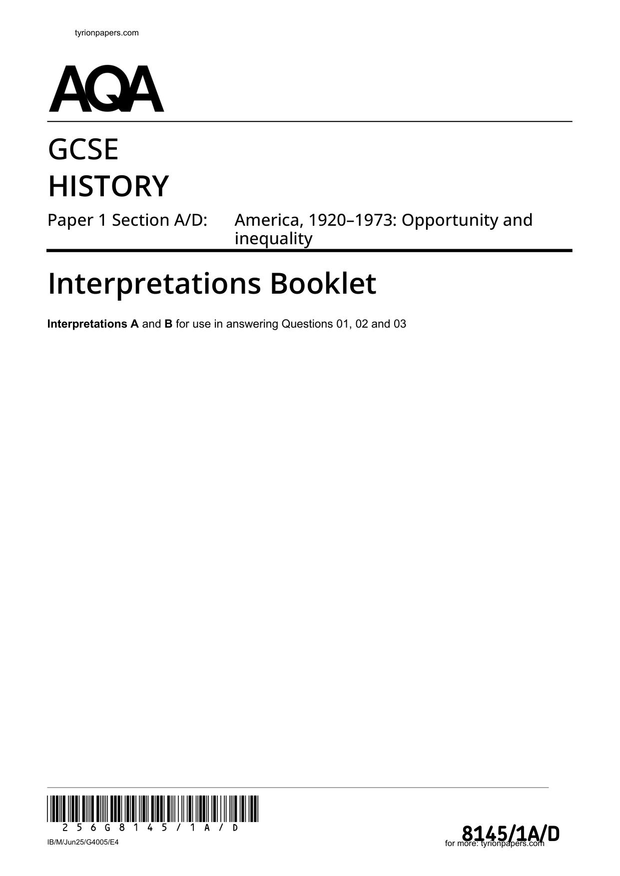 AQA GCSE History Paper 1A Section A/D 2025  Booklet