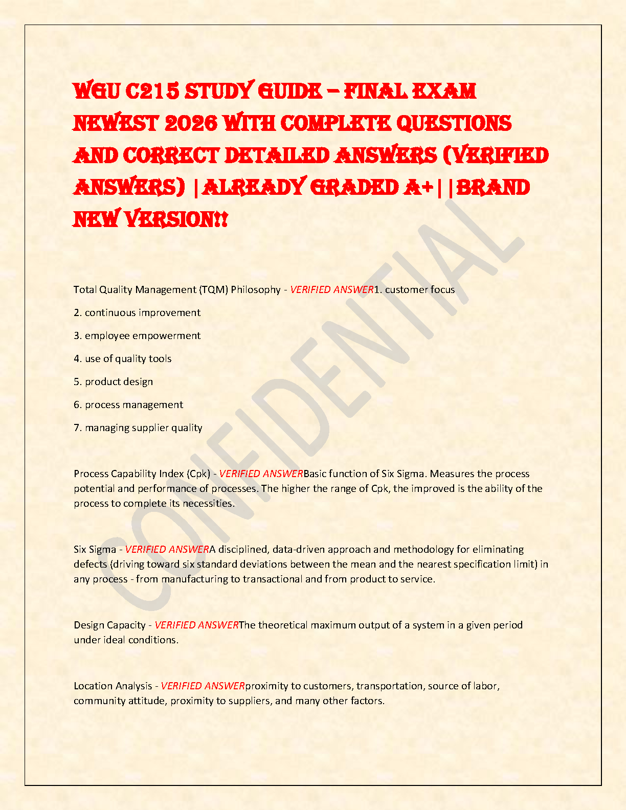 WGU C215 Operations Management Final Exam Study Guide 2025/26: A+ Verified Questions & Answers for Success