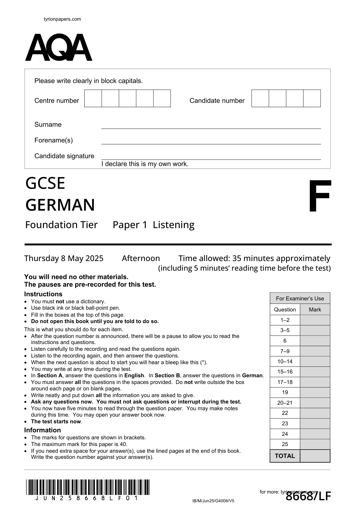 AQA GCSE German Paper 1F 2025 Listening Paper