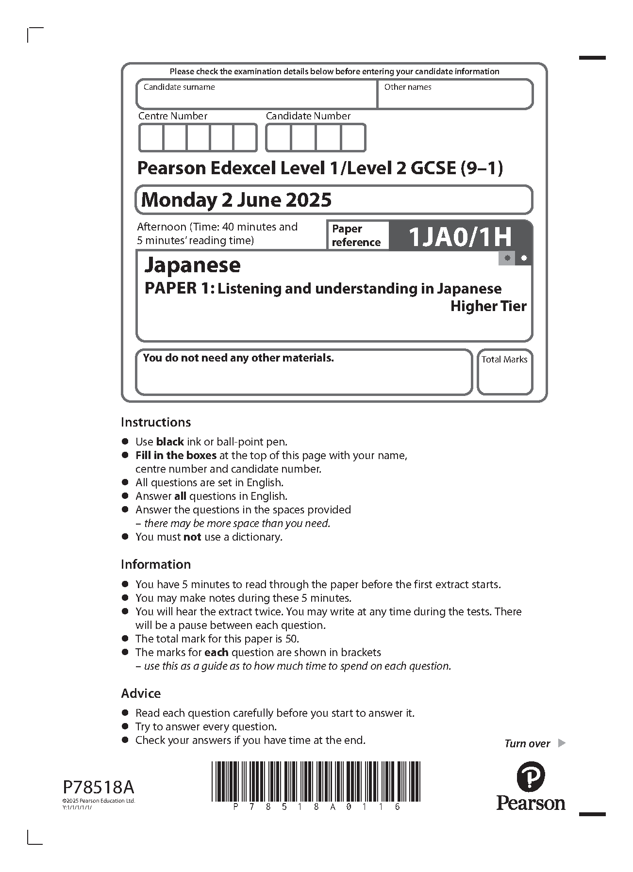 MERGED 2025 Pearson Edexcel GCSE Japanese Paper 1H Question Paper and Mark Scheme (1JA0/1H: Listening and understanding in Japanese Higher tier)