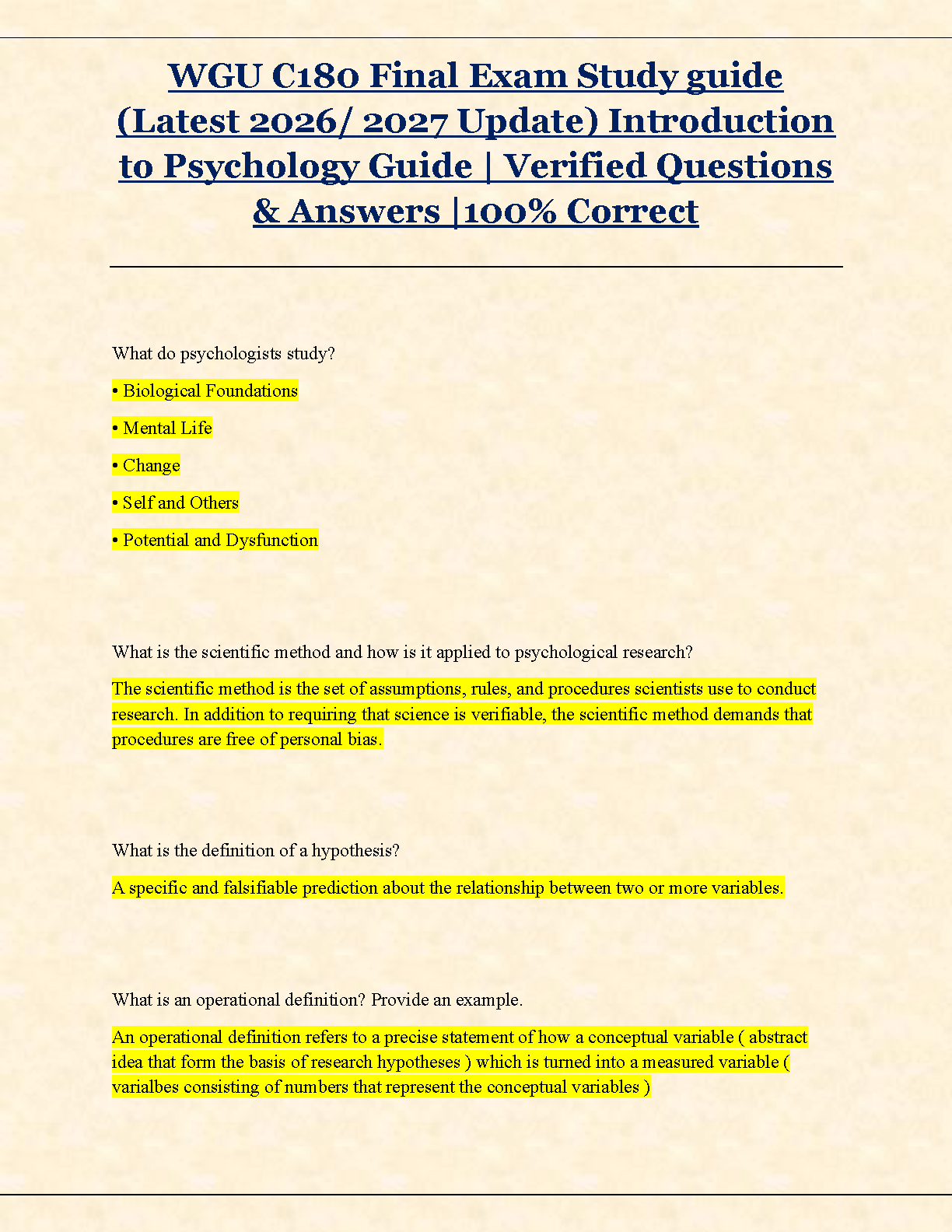 WGU C180 Introduction to Psychology Final Exam Test Bank: Latest 2025/2026 Edition with Verified Questions and Answers