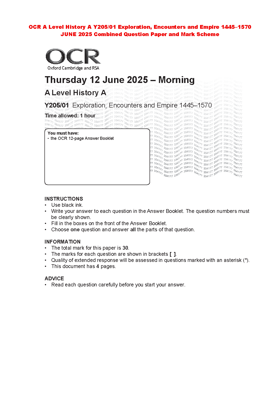 OCR A Level History Y205/01 Exploration Encounters and Empire Mark Scheme June 2025 Exam Paper with Answers for Students