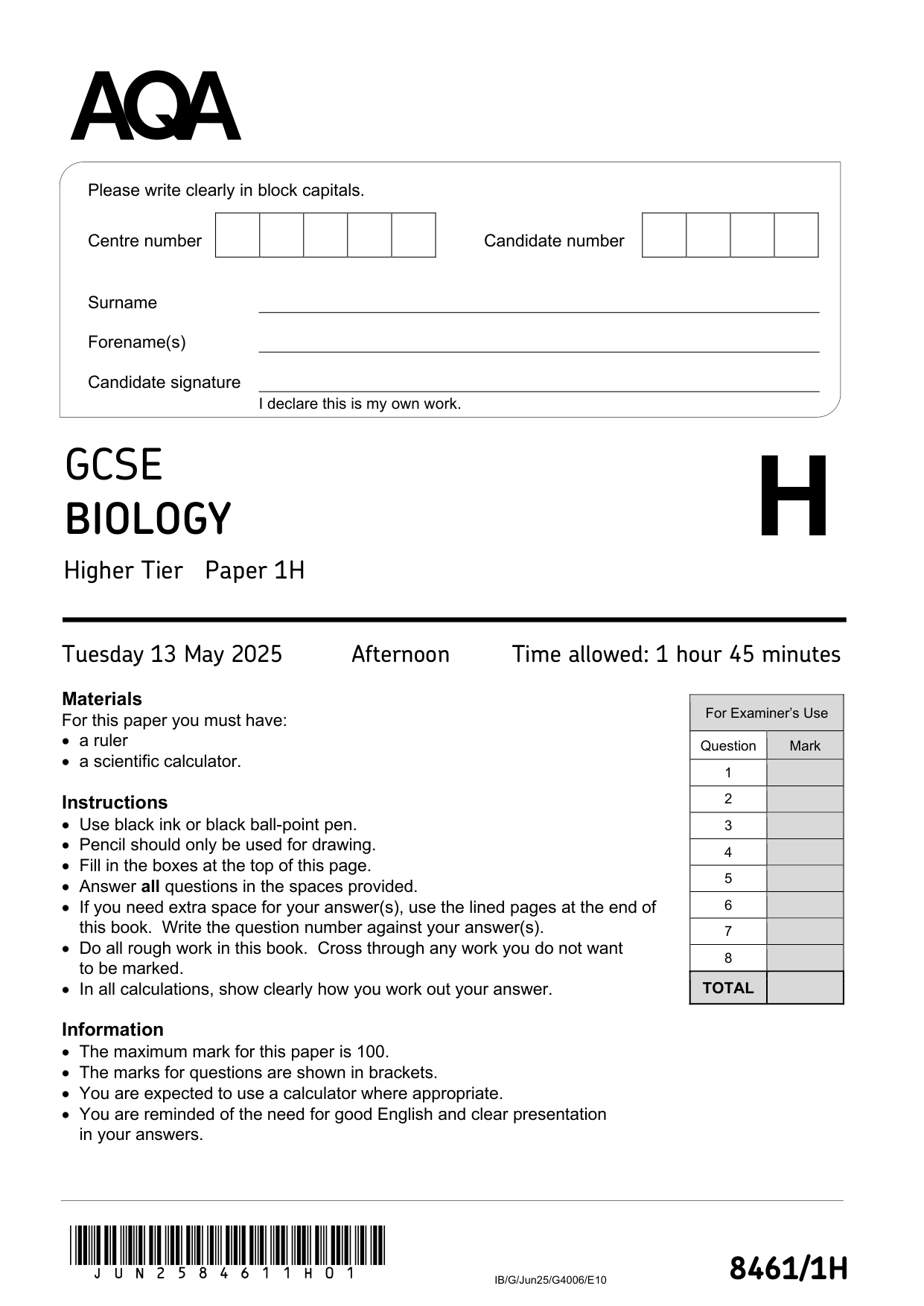 AQA GCSE Biology 1H 2025 Question Paper PDF