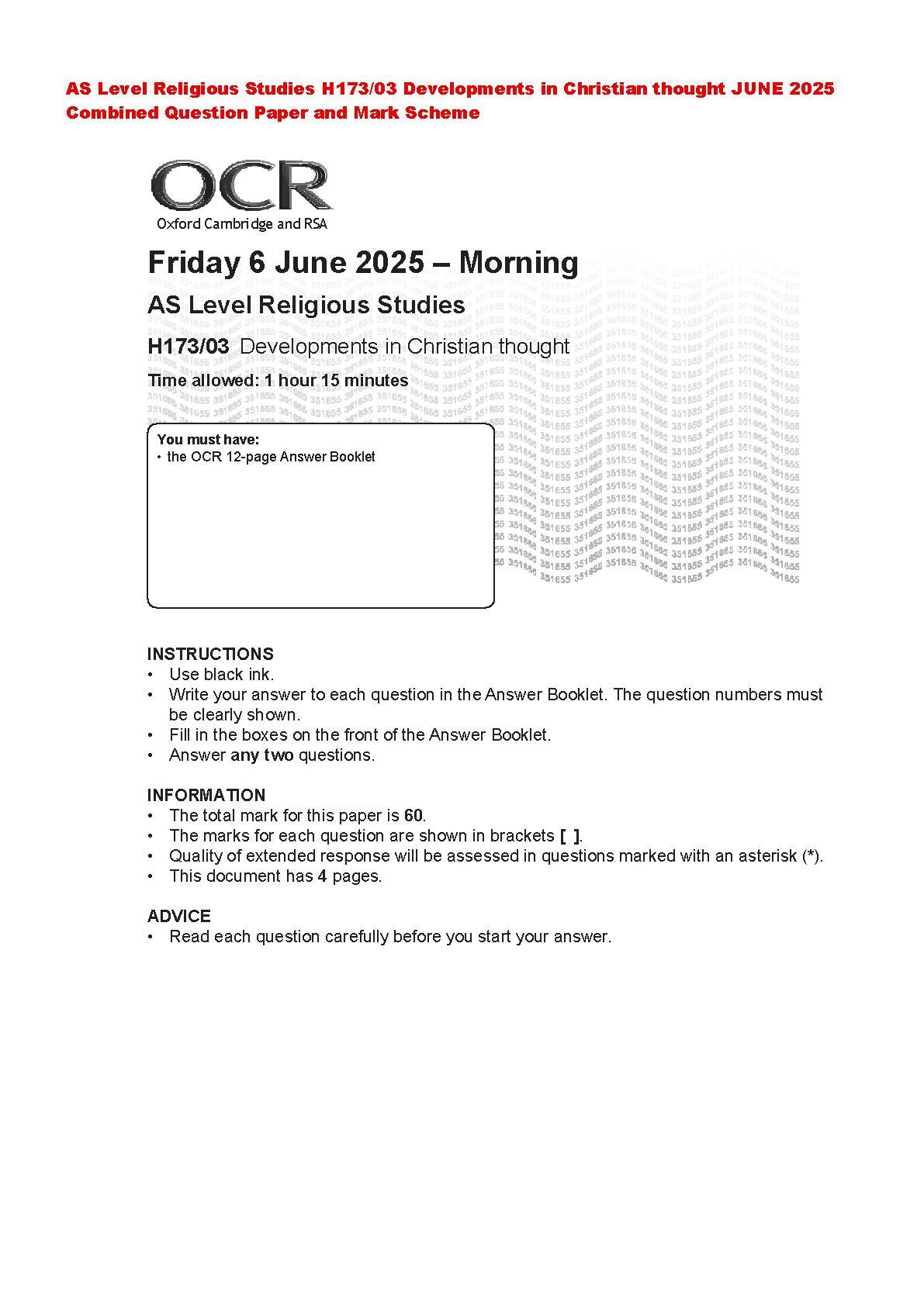 OCR AS Level Religious Studies H173/03 Developments In Christian Thought June 2025 Past Paper With Mark Scheme For A Level Exam Prep