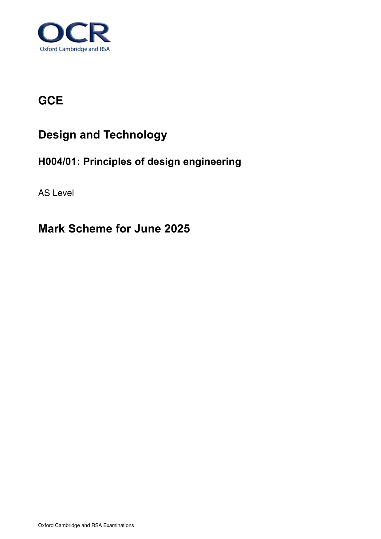 OCR AS Design Engineering Paper 1 Mark Scheme