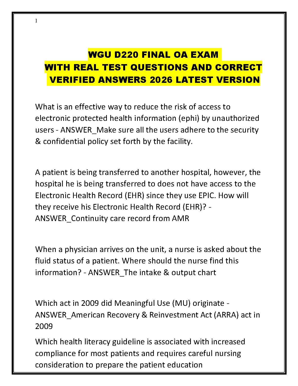 WGU D220 Final OA Exam Test Bank: Verified Questions and Answers for Information Technology in Nursing Practice (2026)