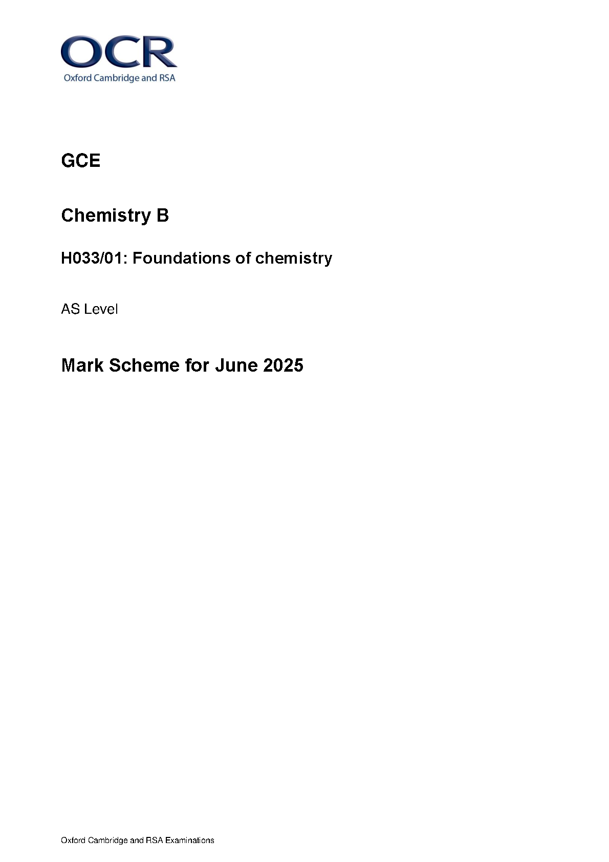 OCR AS Level Chemistry B Paper 1 2025 Mark Scheme
