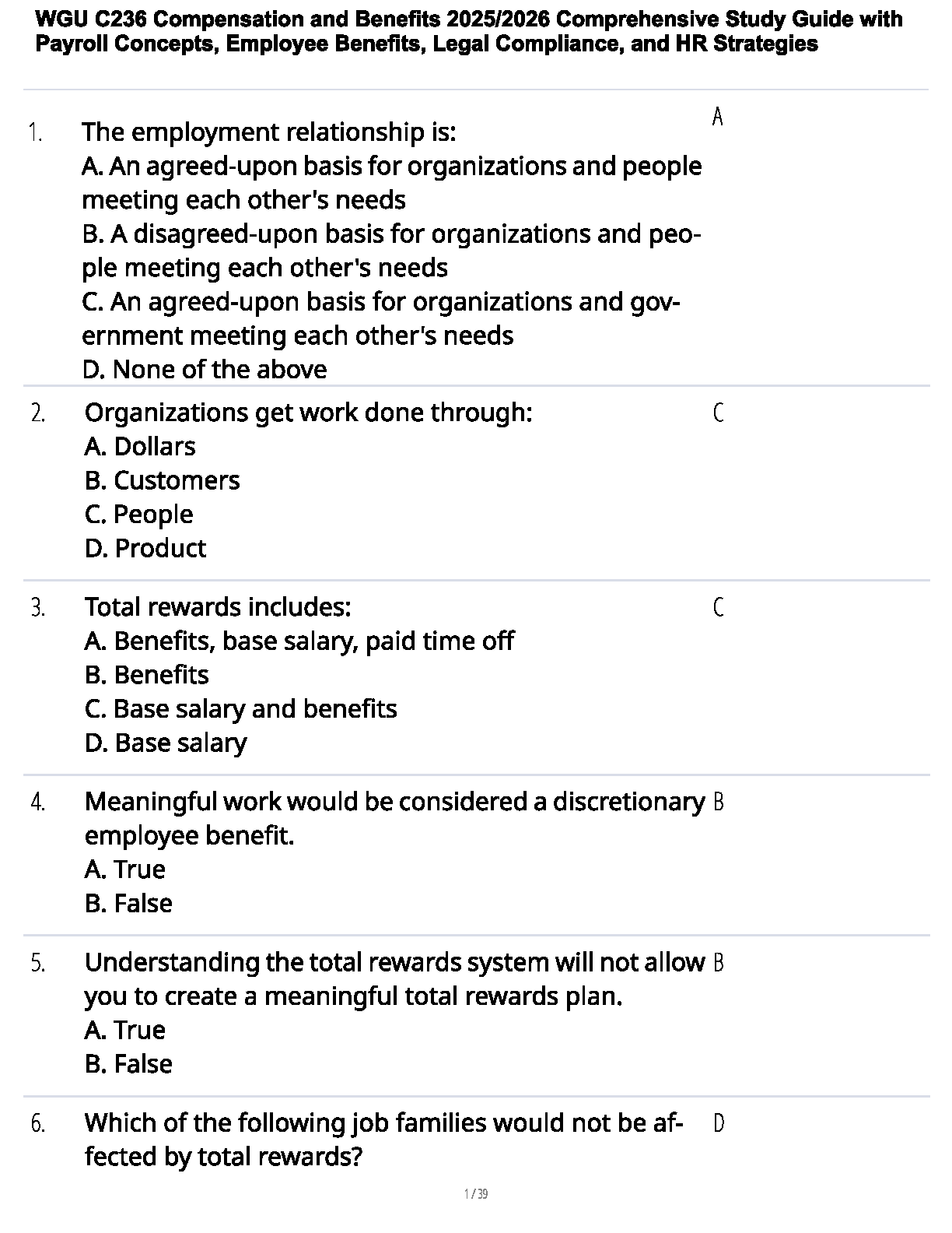 WGU C236 Compensation and Benefits Study Guide 2025/2026: Payroll, Legal & HR Strategy Mastery for Exam Success