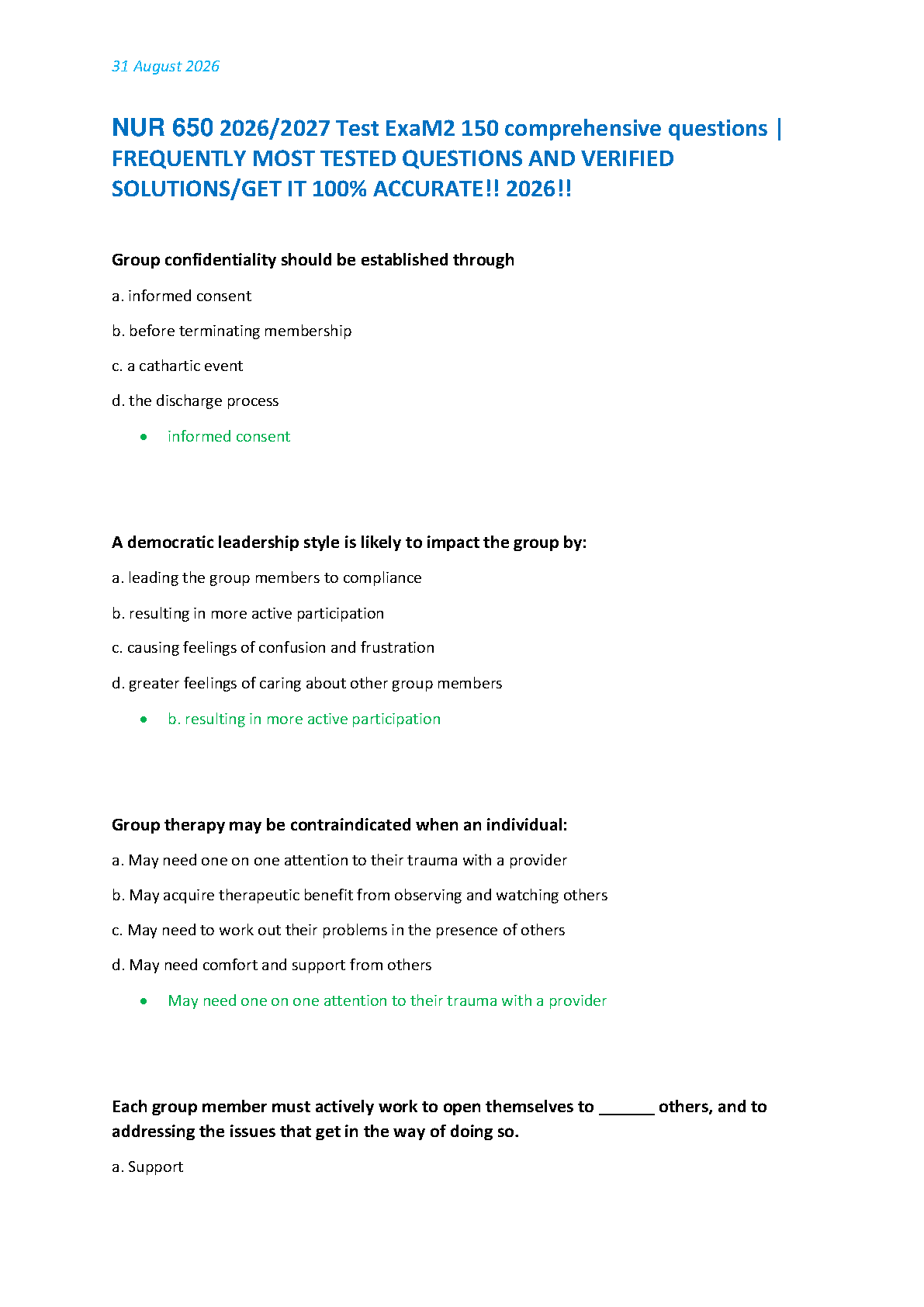NUR 650 Group Therapy Test Bank Exam 2 Questions With Verified Solutions For The 2026/2027 Academic Year Updated Comprehensive Guide