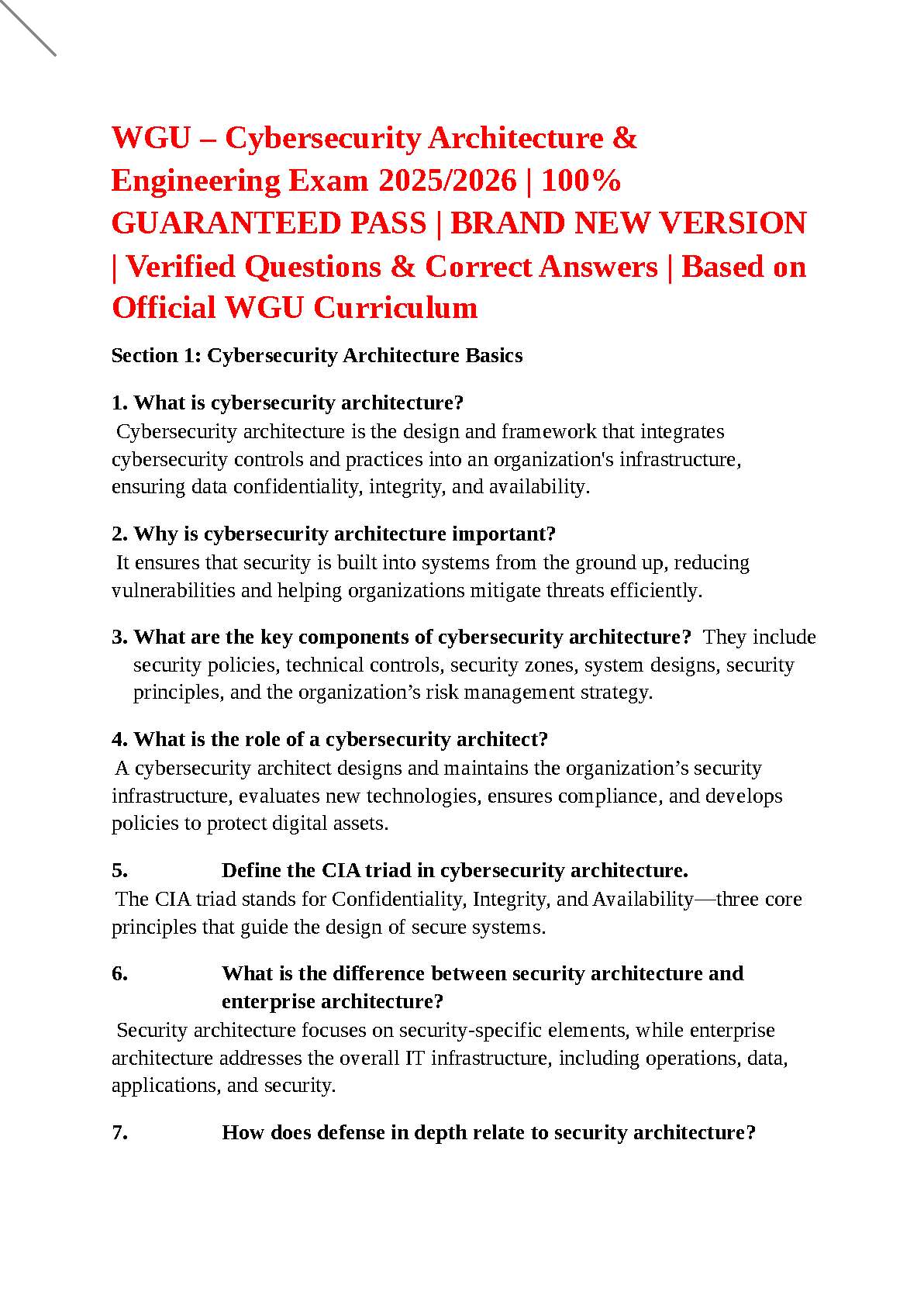WGU Cybersecurity Architecture & Engineering D487 Exam Prep Guide 2025/26 with Verified Q&A Solutions for First Attempt Success