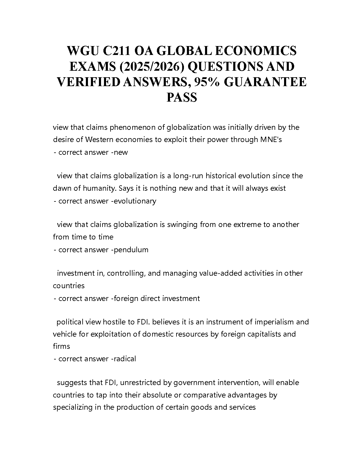 WGU C211 Global Economics Objective Assessment Test Bank Verified Questions and Answers for the 2025/26 Academic Year