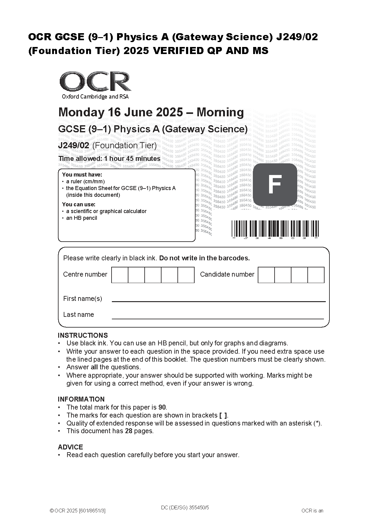 OCR GCSE Physics A Gateway Science J249/02 Foundation Tier June 2025 Question Paper and Mark Scheme for the 2026 2027 Academic Year