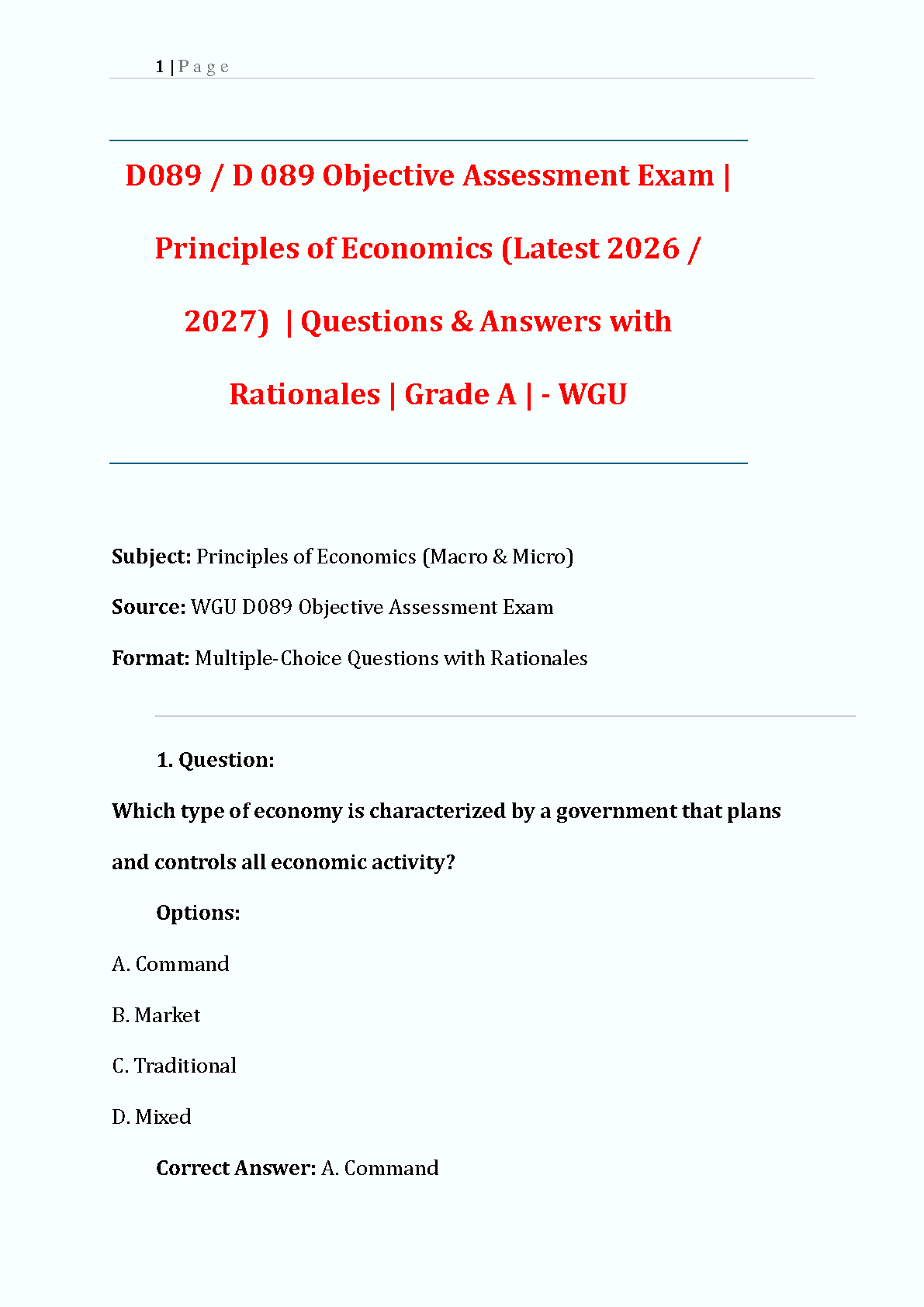 WGU D089 Principles of Economics Test Bank: Greenlaw, Shapiro & Taylor 3rd Edition with Verified Answers and Rationales for 2026/2027 Objective Assessments