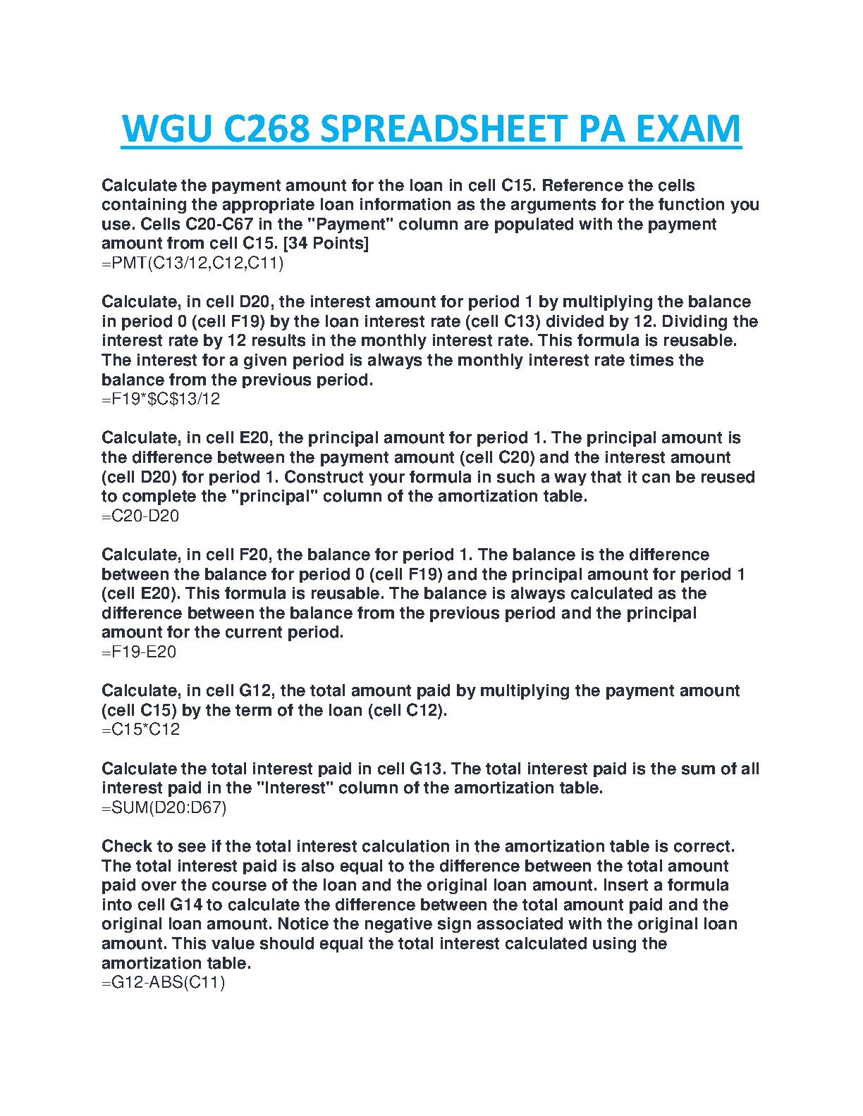 WGU C268 Spreadsheet PA Exam Guide with Verified Excel Formulas for Amortization and Loan Calculations 2025/2026