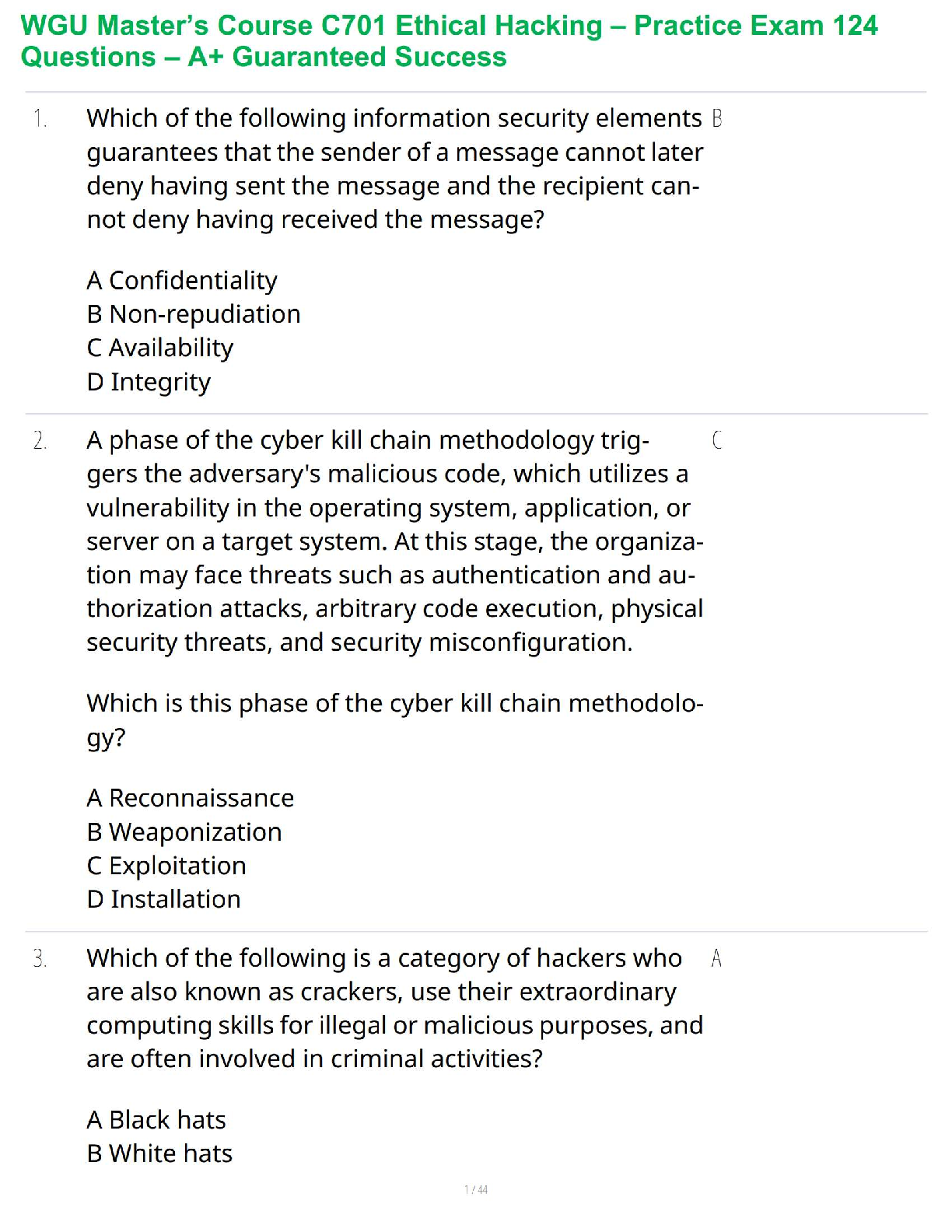 WGU C701 Ethical Hacking Test Bank (2024/2025) with A+ Answers and Practice Questions for Master's Students