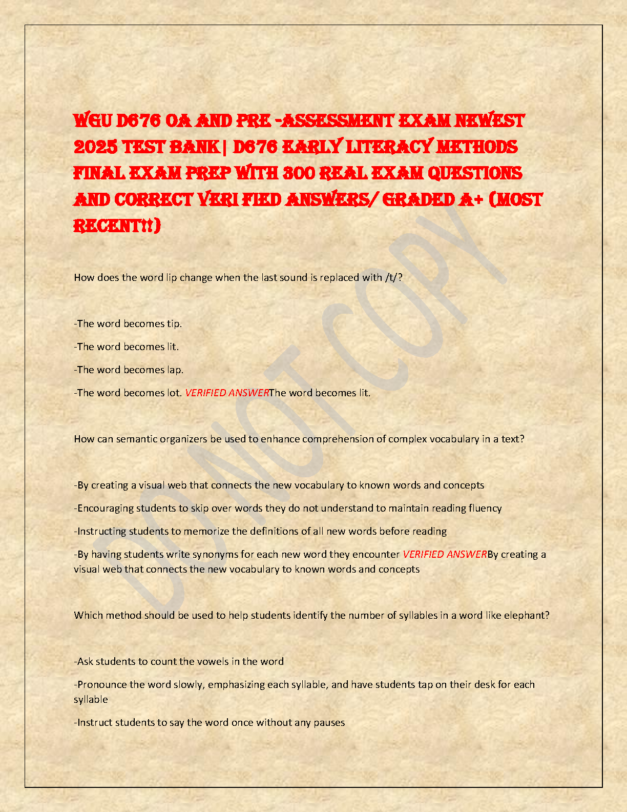 WGU D676 Early Literacy Methods OA & Pre-Assessment Test Bank 2025: 300 Verified A+ Questions and Answers Guide