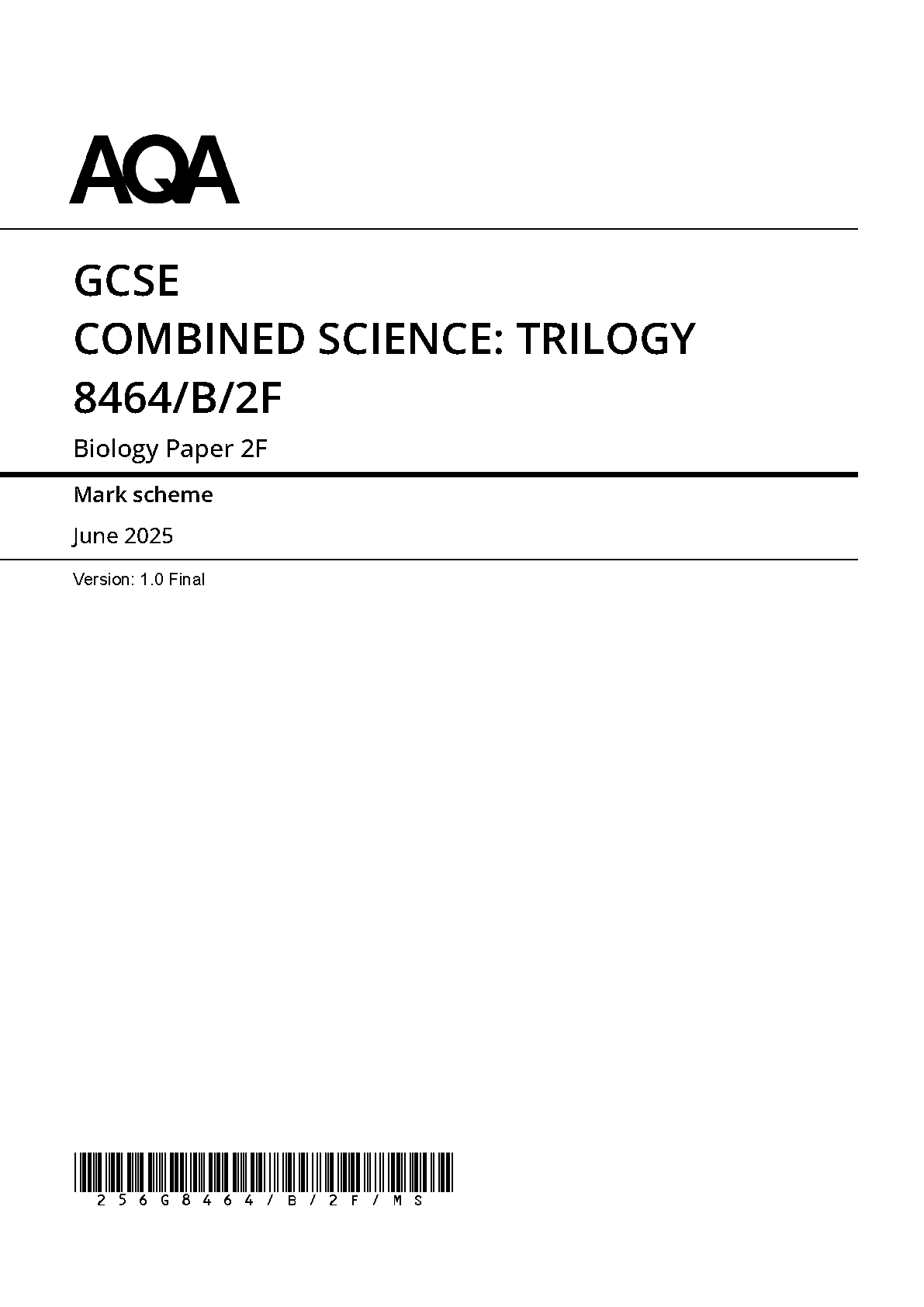 AQA GCSE Trilogy Biology 2F 2025 Mark Scheme PDF