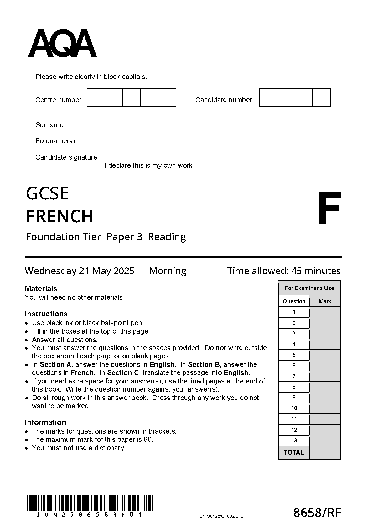 Combined 2025 AQA GCSE FRENCH Paper 3 and Mark Scheme (8658/RF: Reading Foundation Tier)