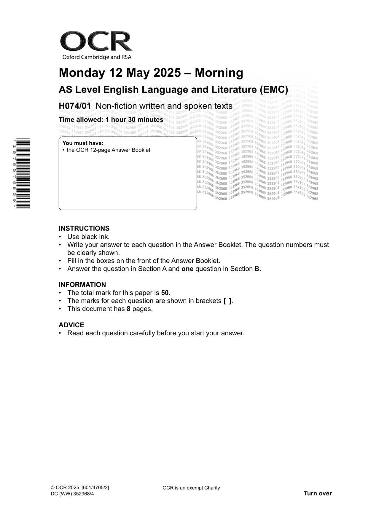 OCR AS English Language and Literature Paper 1 2025 QP