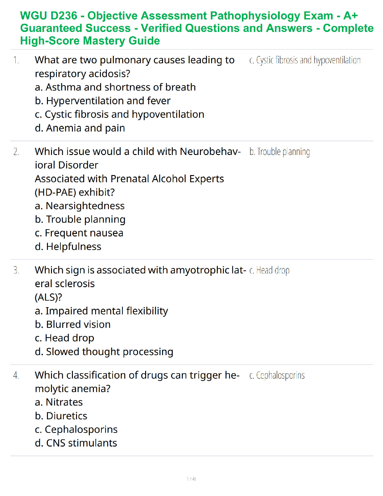 WGU D236 Pathophysiology Objective Assessment Test Bank | Verified Questions and Answers for Guaranteed Success