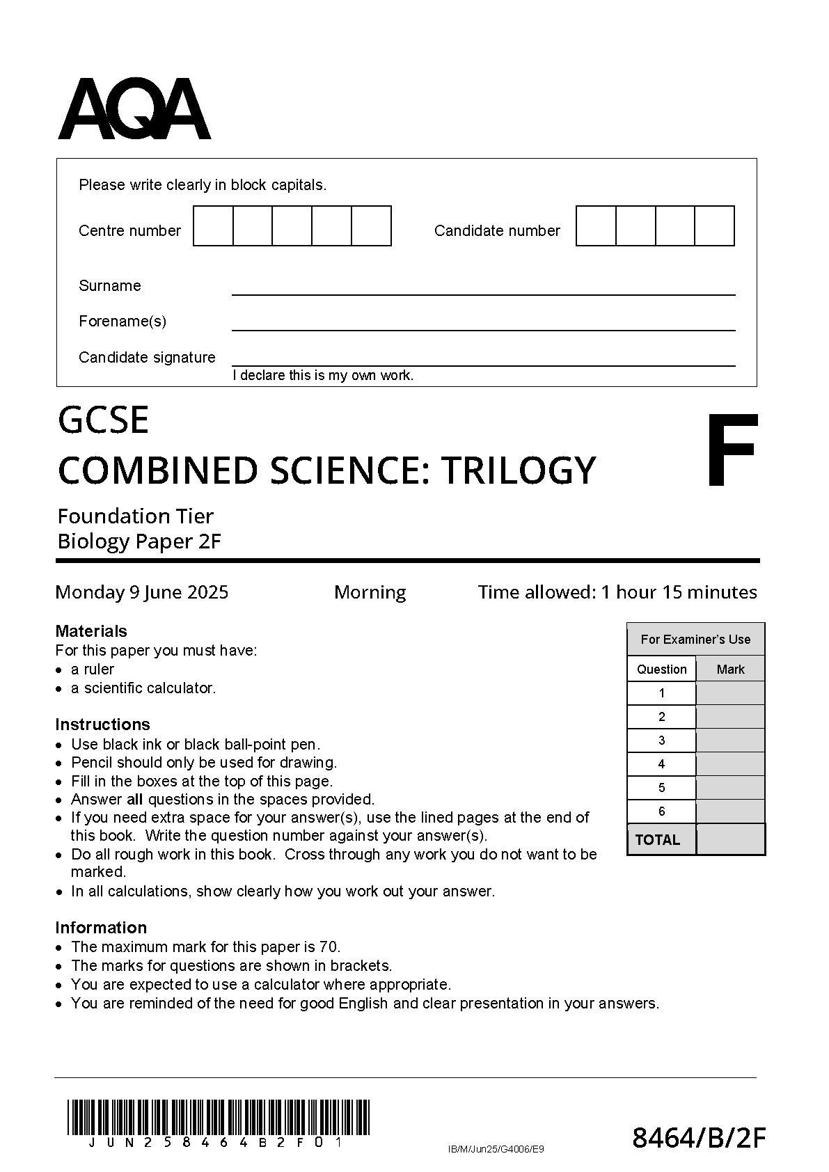 MERGED 2025 AQA GCSE COMBINED SCIENCE TRILOGY Biology Paper 2F Question Paper and Mark Scheme (8464/B/2F)