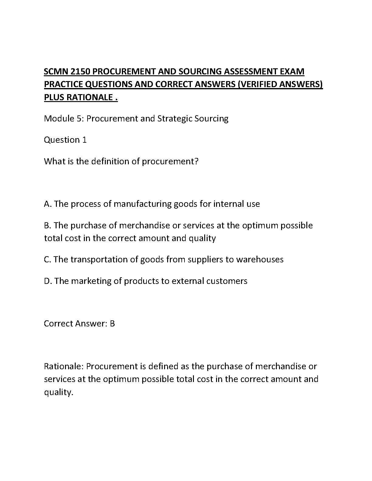 SCMN 2150 Procurement and Sourcing Assessment Exam Practice Questions with Verified Answers Rationales New Release for 2026/2027 Academic Year Study Guide