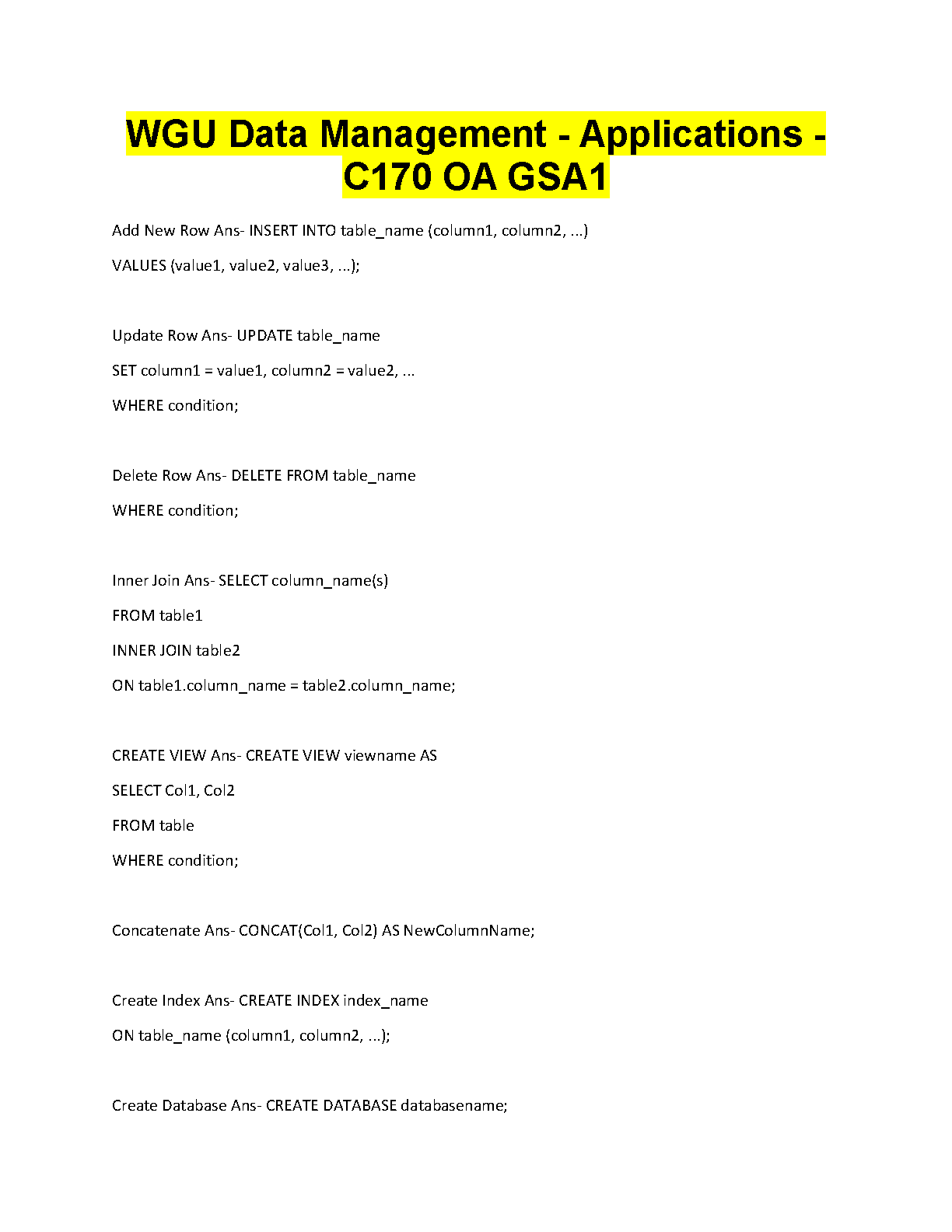 WGU C170 Data Management Applications OA GSA1 Study Guide for the 2025/2026 Academic Year