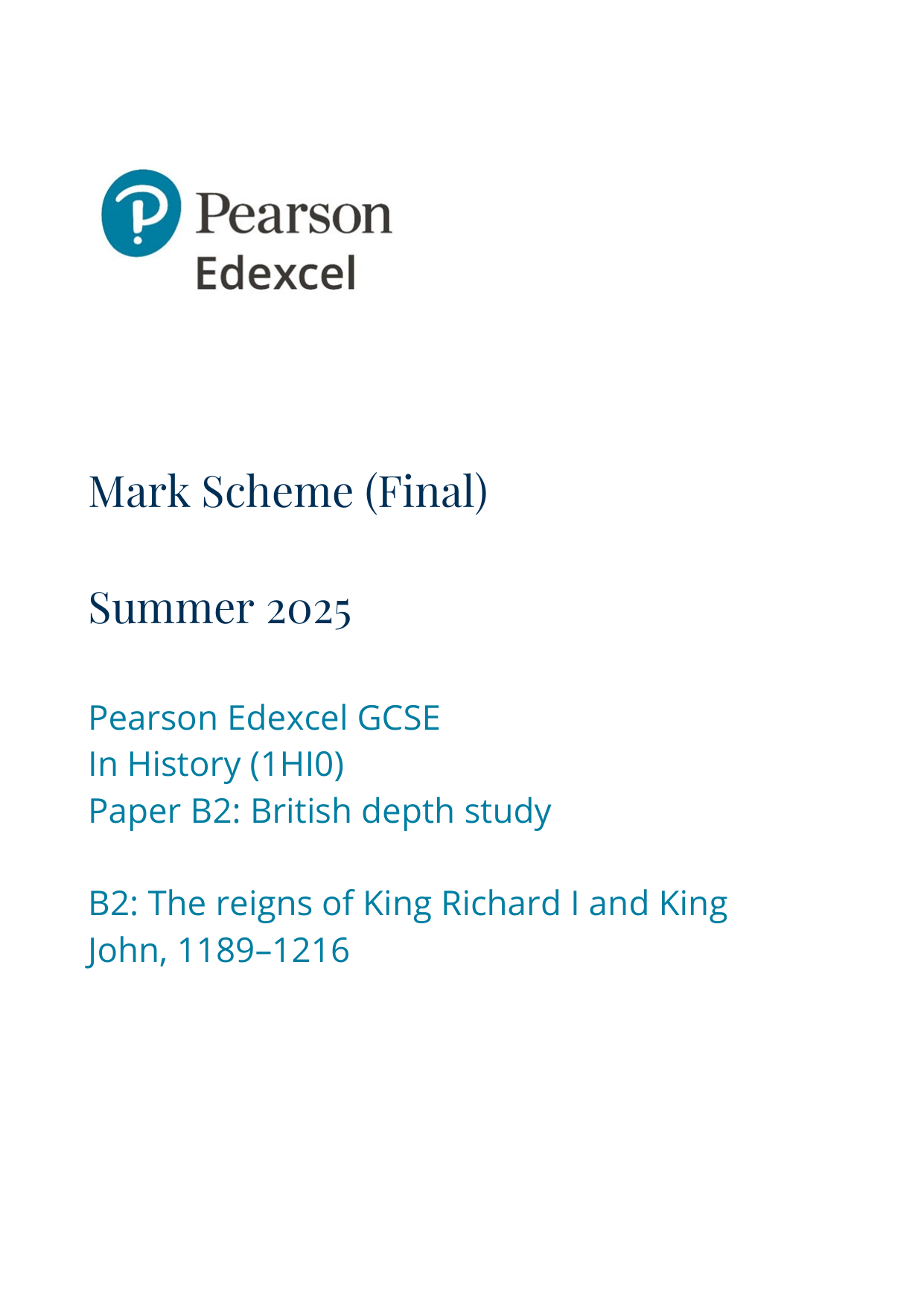 Pearson Edexcel GCSE History Paper B2 2025 Mark Scheme