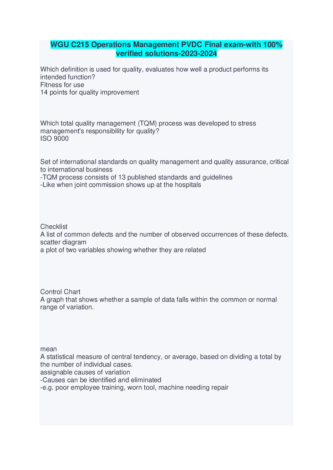 WGU C215 Operations Management Final Exam Study Guide and Definitions 2023/2024 Edition for Students