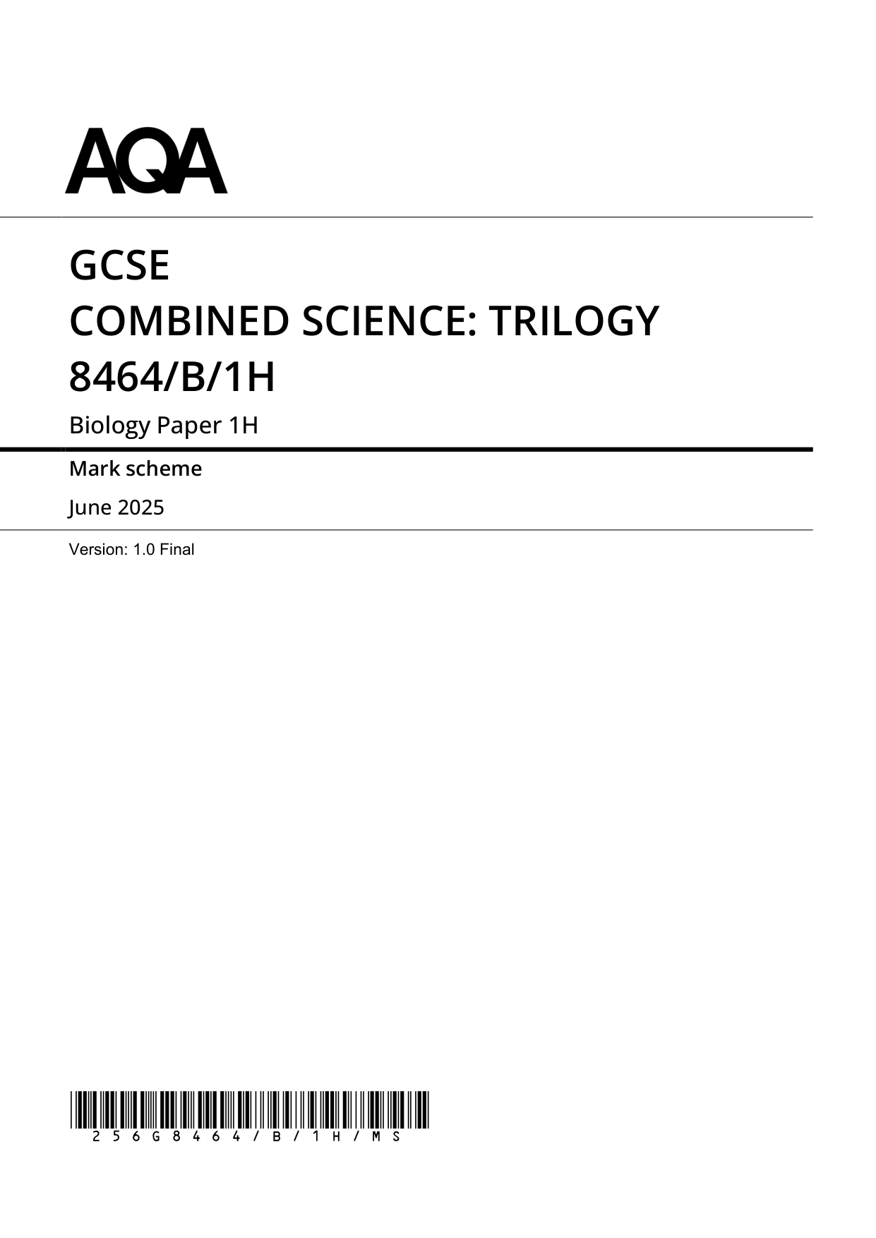 AQA GCSE Trilogy Biology 1H 2025 Mark Scheme PDF