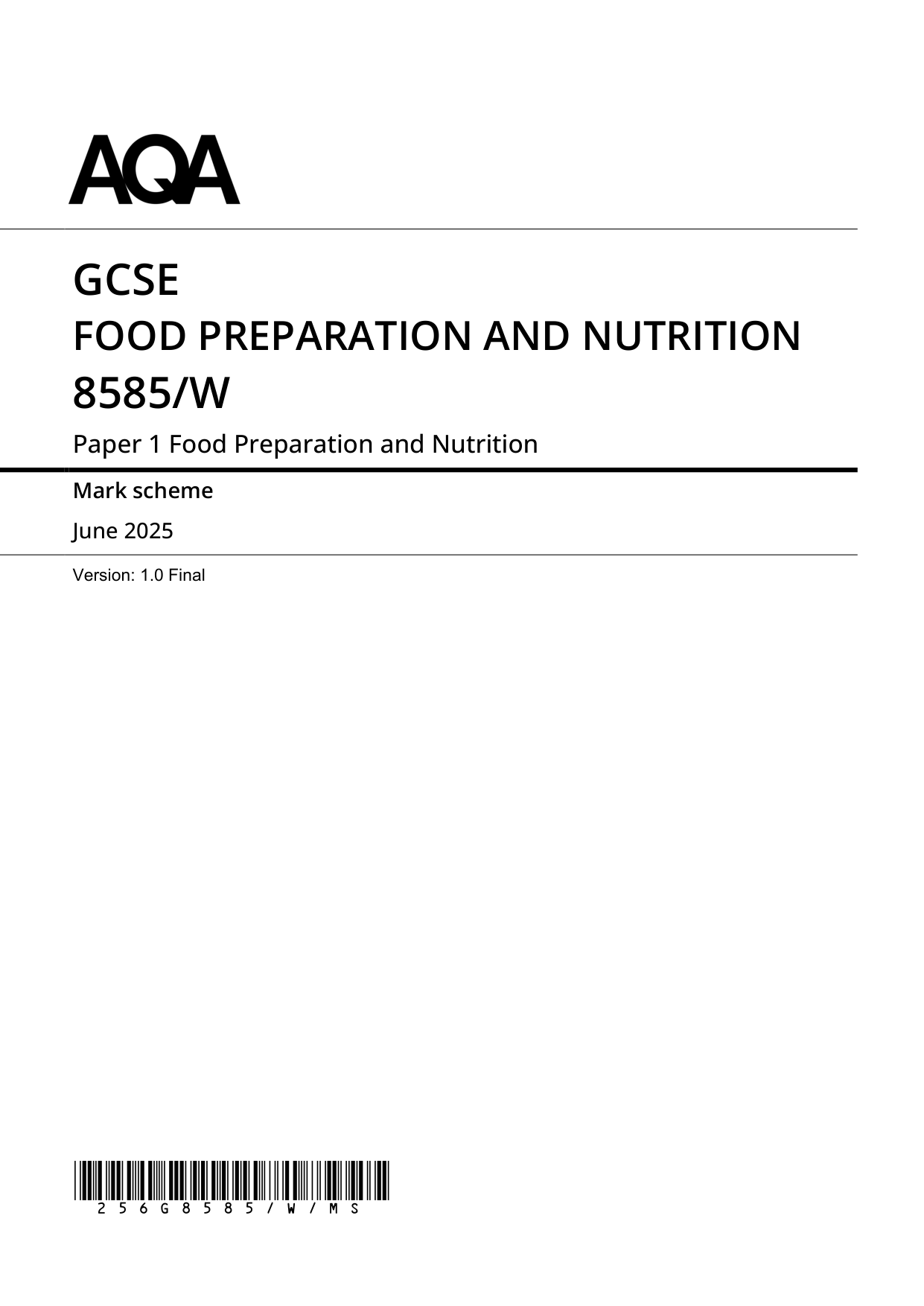 AQA GCSE Food Preparation and Nutrition 2025 Paper 1 MS