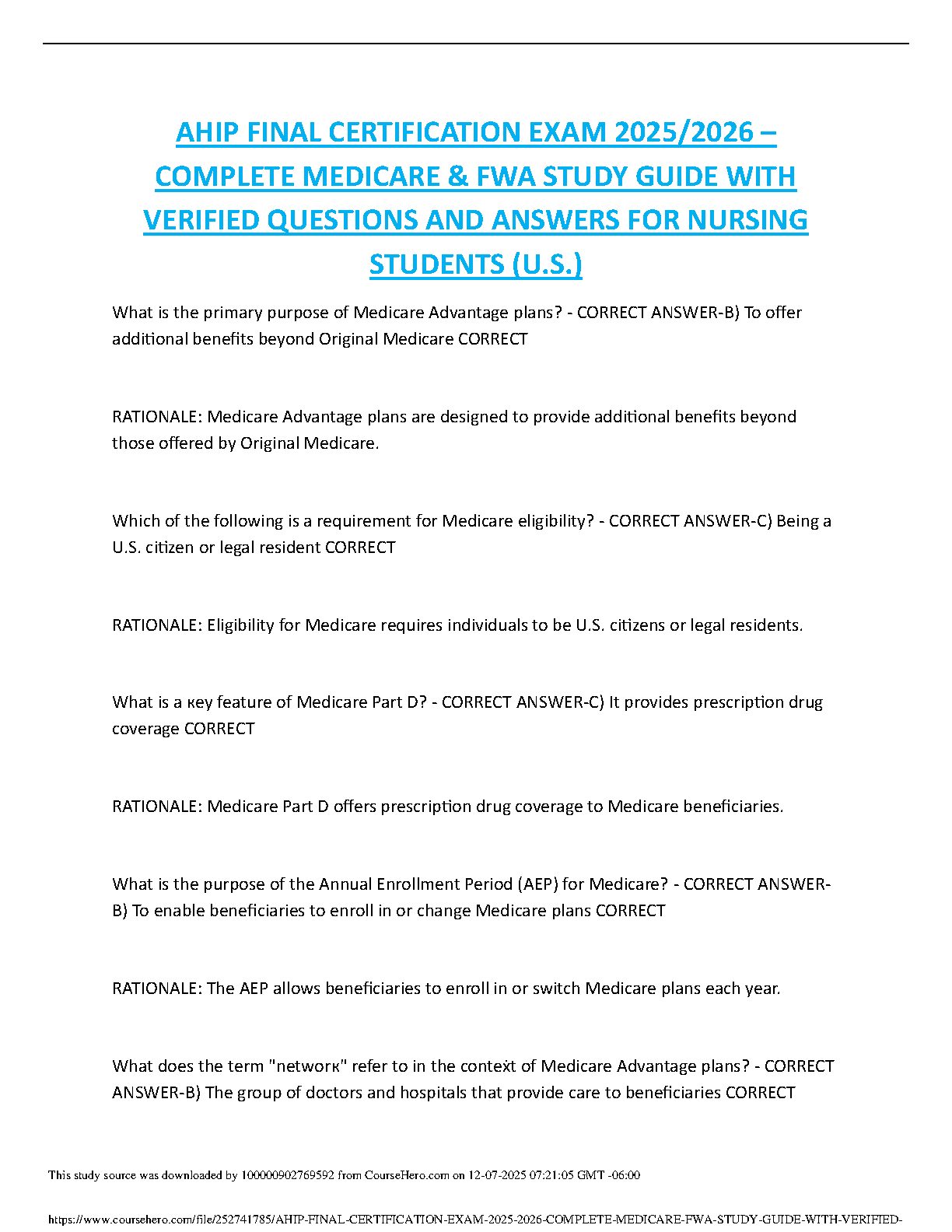 AHIP Final Certification Exam 2025/2026: The Ultimate Medicare & FWA Study Guide with Verified Questions & Answers to Pass on Your First Try