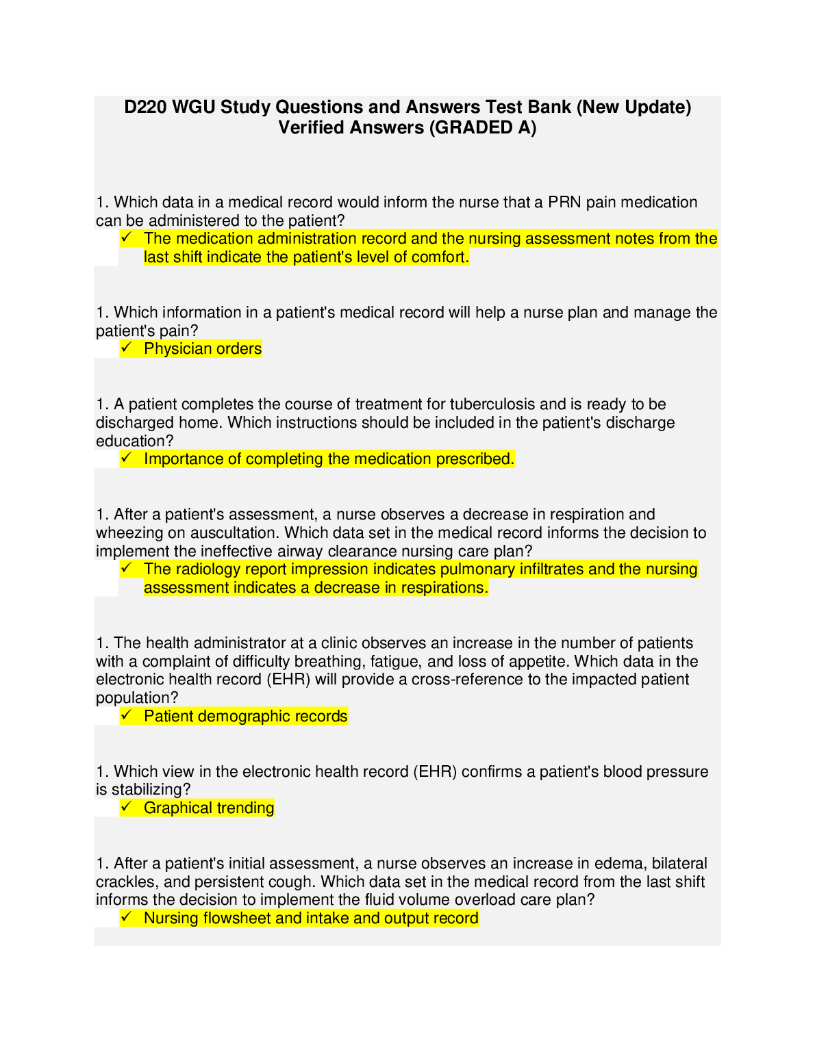 D220 WGU Nursing Fundamentals Test Bank Verified Questions and Answers Study Guide for Exam Success