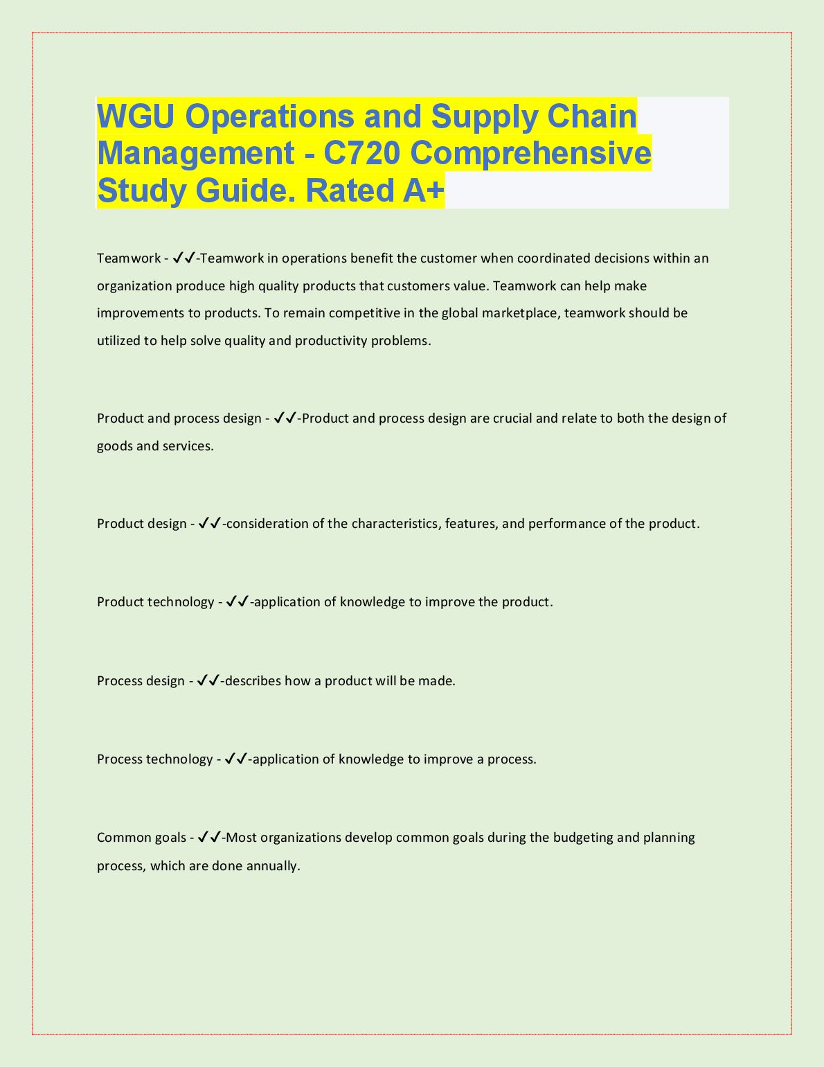 WGU C720 Operations and Supply Chain Management Study Guide - Rated A+ for Exam Success