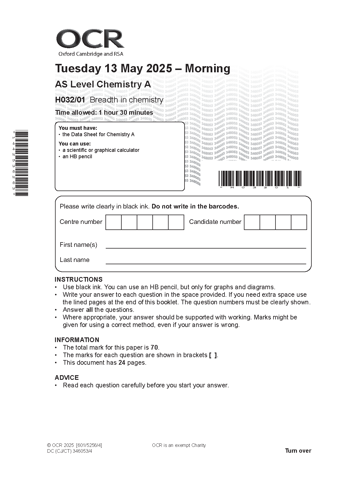 OCR AS Level Chemistry A Paper 1 2025 Question Paper