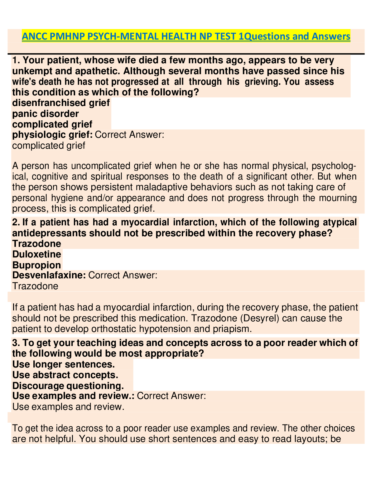 ANCC PMHNP Psych-Mental Health Nurse Practitioner Exam Question Bank and Answers for the 2024-2025 Academic Year