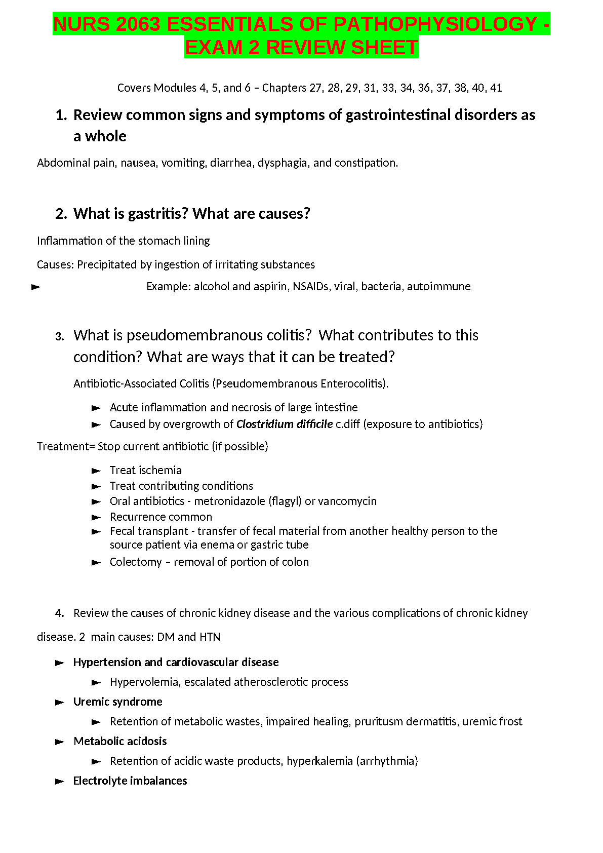 NURS 2063 Exam 2 Review Pathophysiology Porth Mattfin Modules 4-6 GI Renal Study Guide 2025/2026