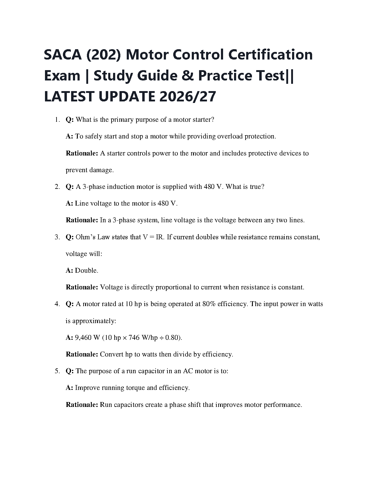 Saca Test Example SACA (202) Motor Control Certification Exam Test Bank 2026/2027 ...