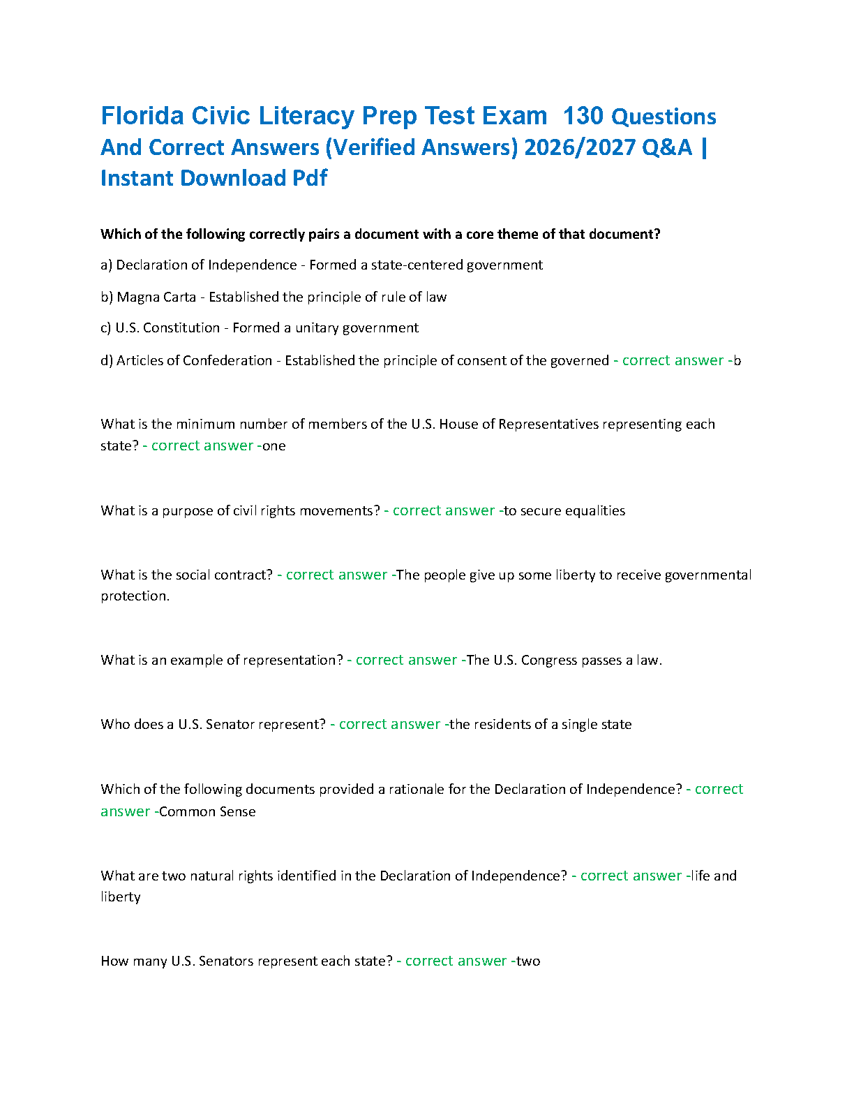 Florida Civic Literacy Test Verified Study Guide And Answers For The 2026/2027 Academic Year Instant Download Resource