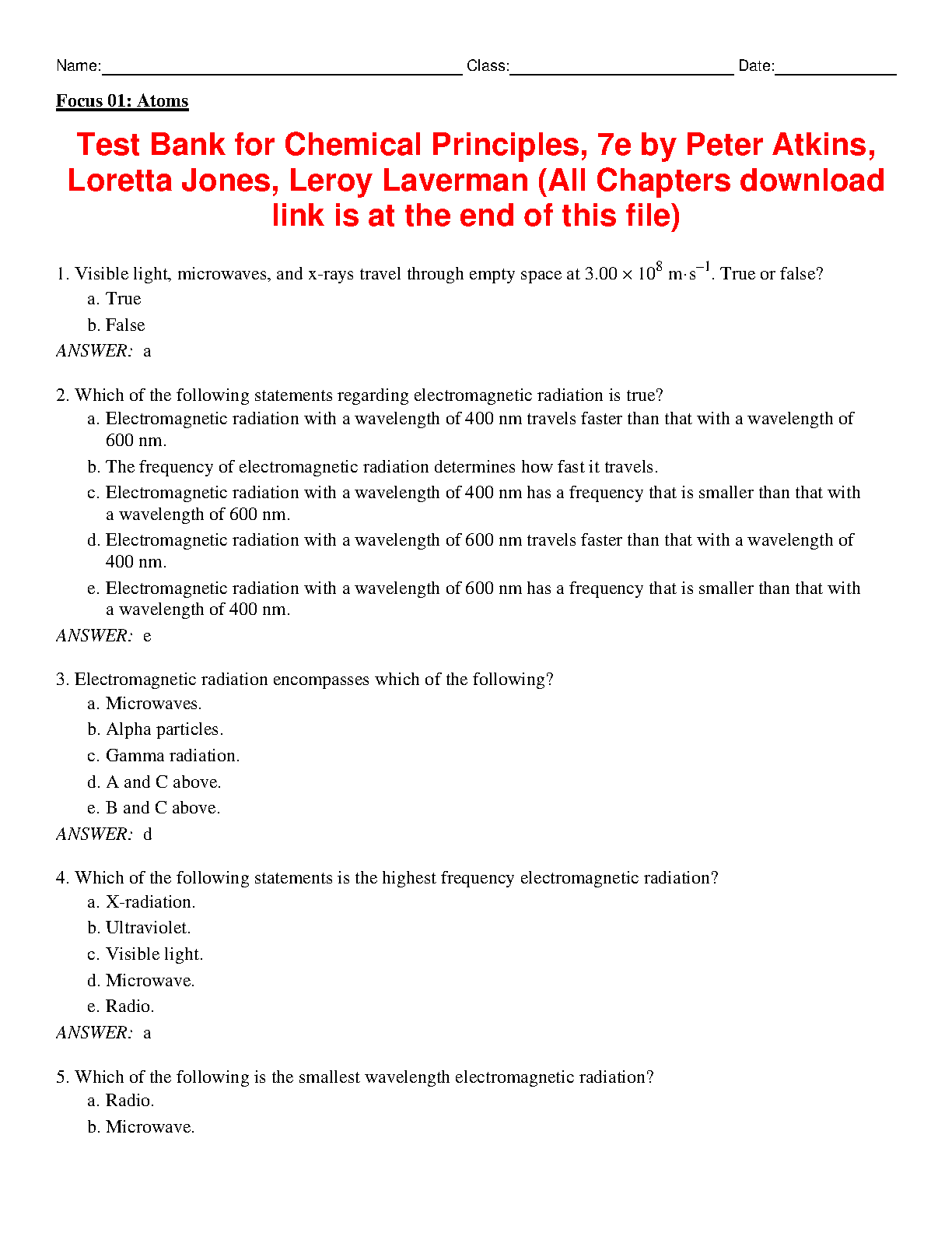 Test Bank for Chemical Principles, 7th Edition by Peter Atkins, Loretta Jones, Leroy Laverman