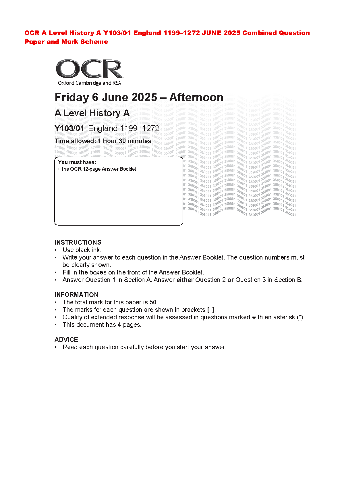 OCR A Level History Y103/01 England 1199–1272 June 2025 Paper With Mark Scheme Newly Released for 2026 Academic Year
