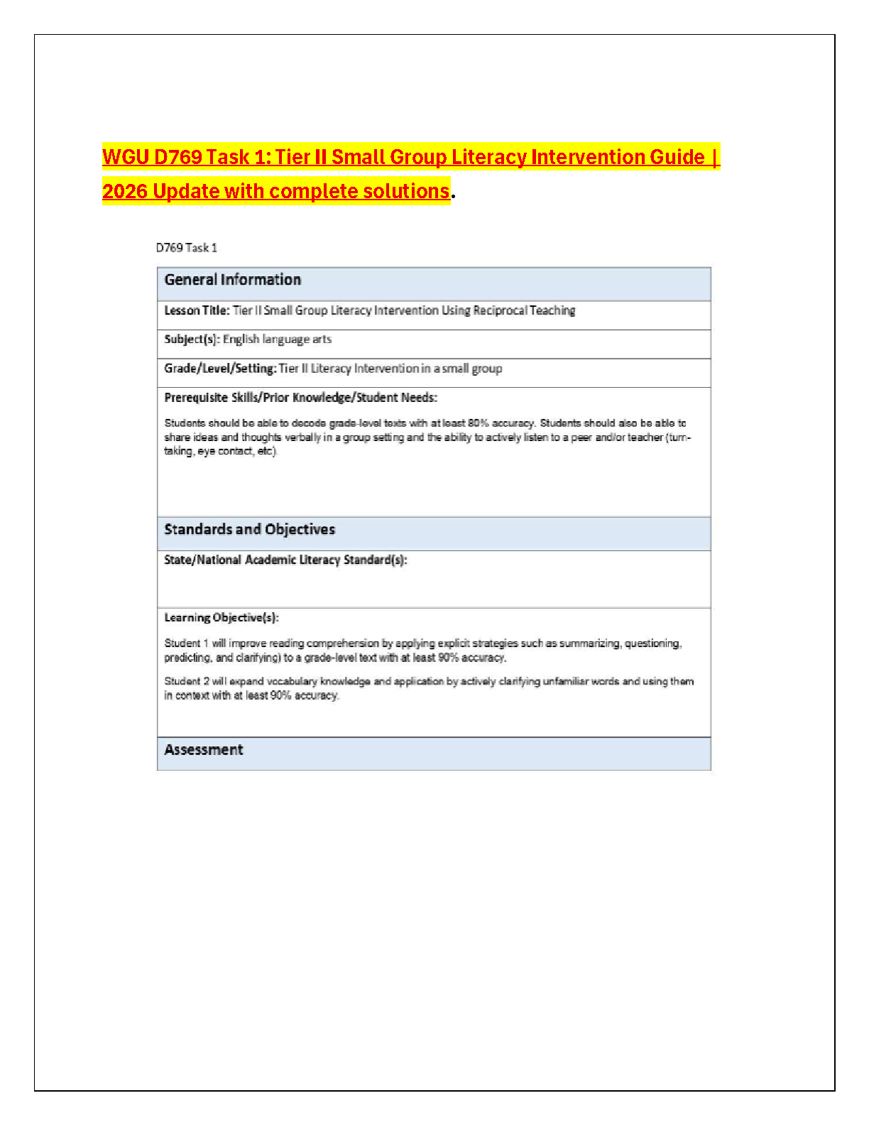 WGU D769 Task 1 Solution Guide: Tier II Small Group Literacy Intervention Lesson Plan and Reciprocal Teaching Strategy