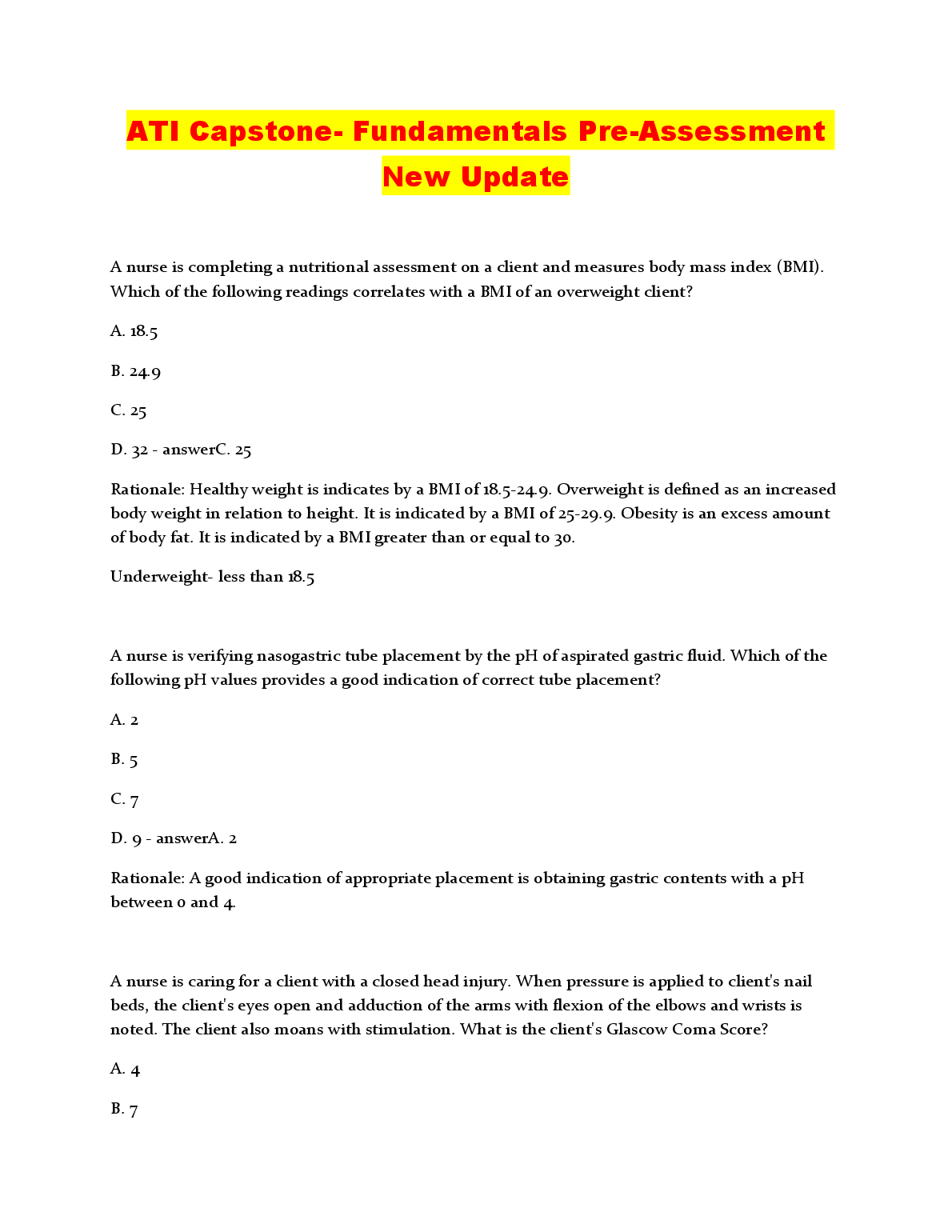 ATI Capstone Fundamentals Pre-Assessment Question Bank with Rationales and Clinical Scenarios for Nursing Students 2023