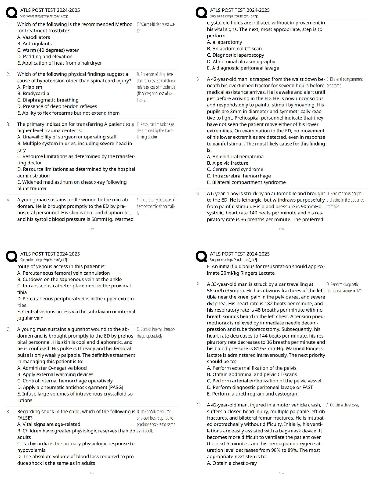 ATLS 10th Edition Post Test (2025-2026) Questions and Answers - Advanced Trauma Life Support by the American College of Surgeons Committee on Trauma (ACS COT): Sharon M. Henry, Karen J. Brasel, and Ronald M. Stewart
