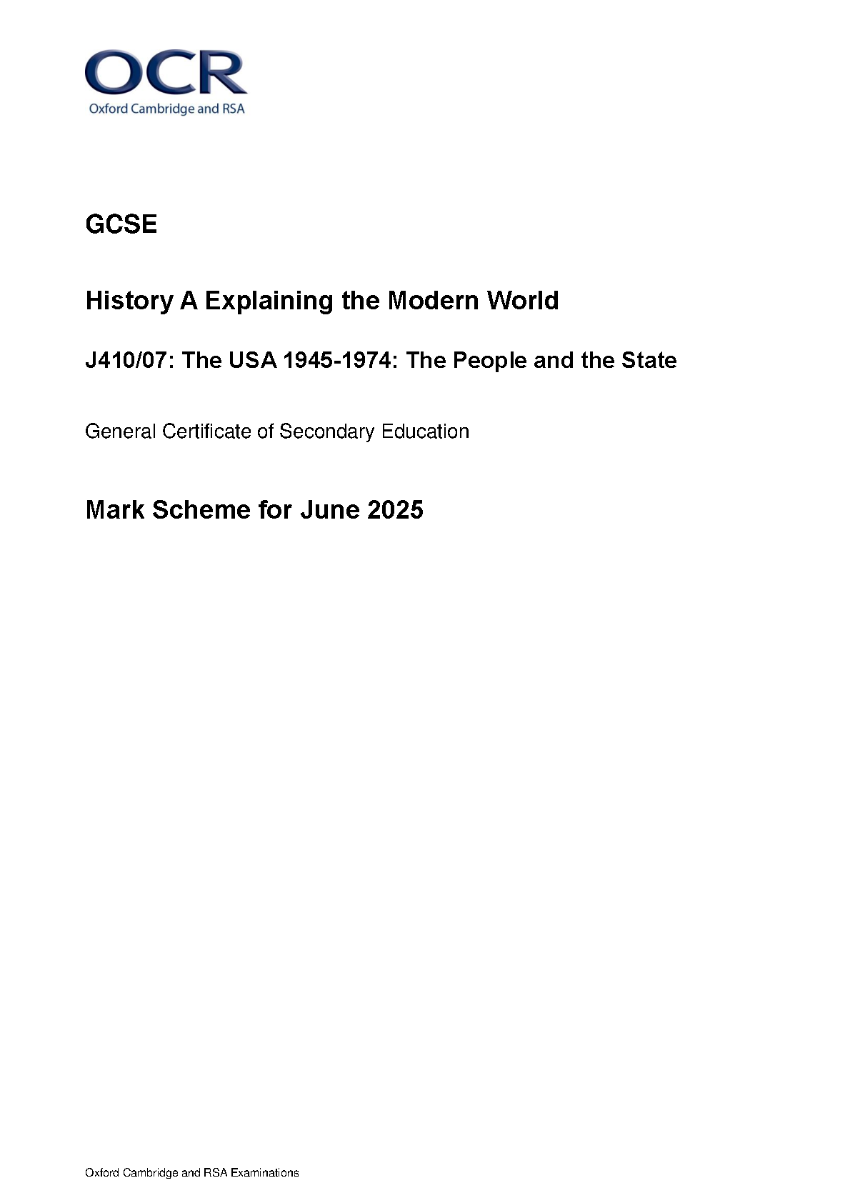 OCR GCSE History Paper 7 2025 Mark Scheme PDF
