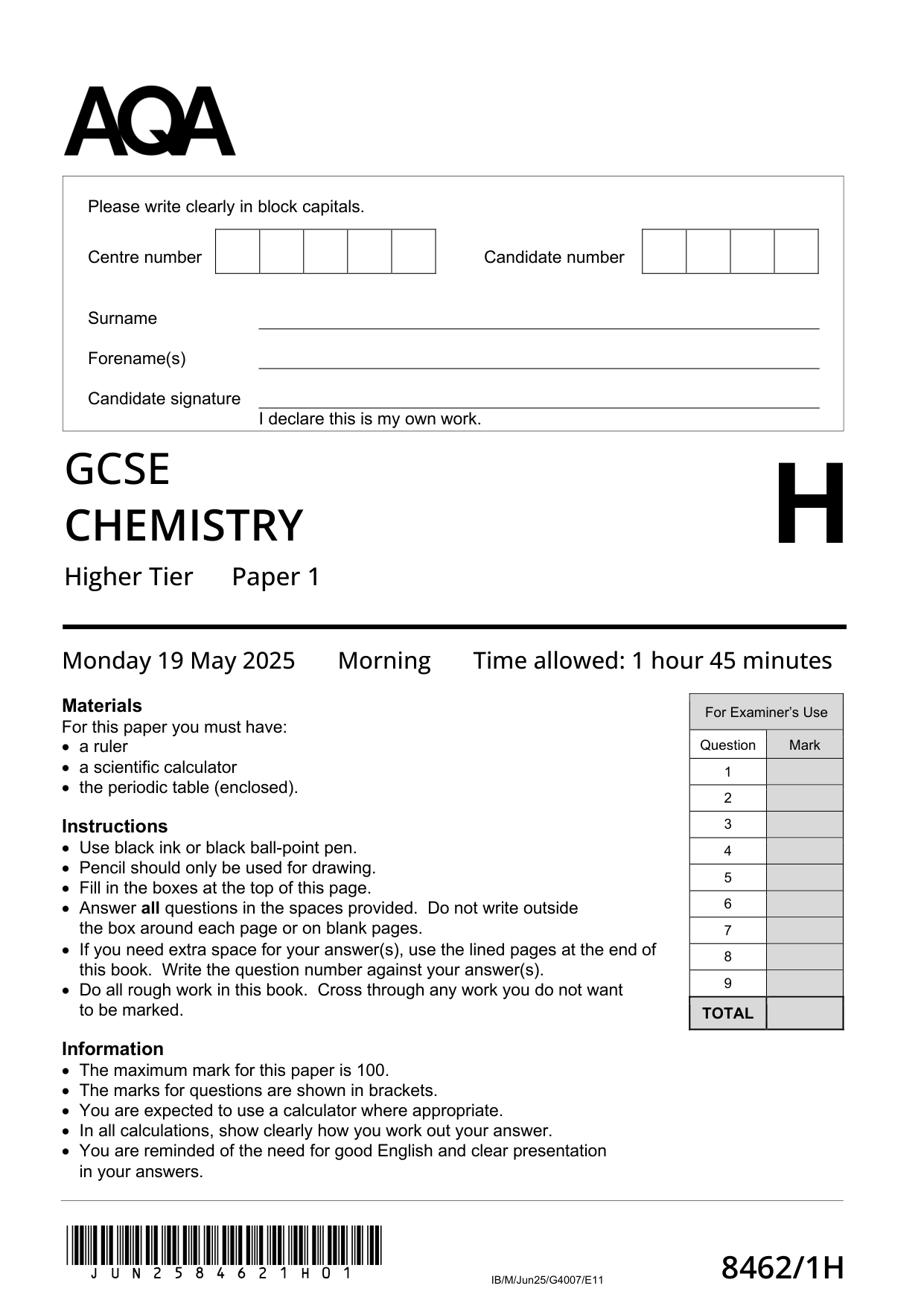 AQA GCSE Chemistry 1H 2025 Question Paper PDF