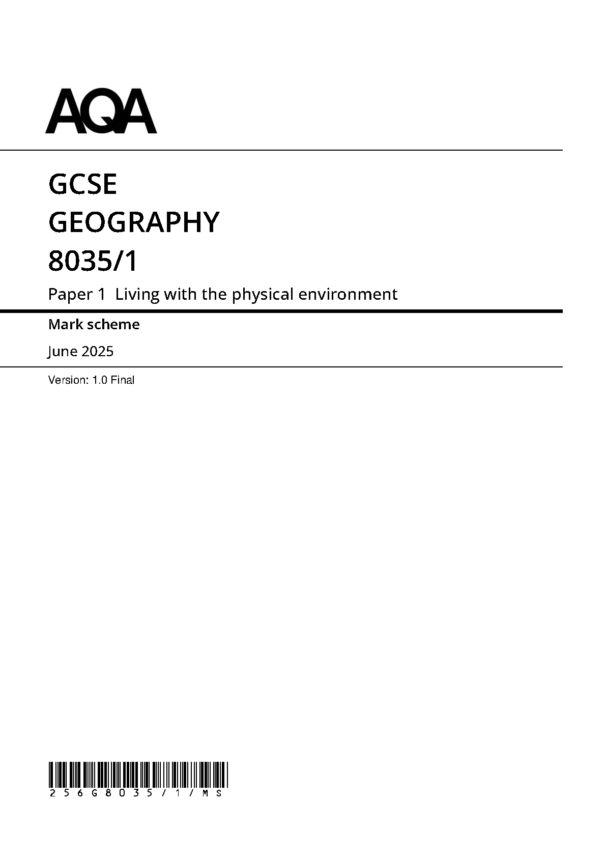 AQA GCSE Geography Paper 1 2025 Mark Scheme