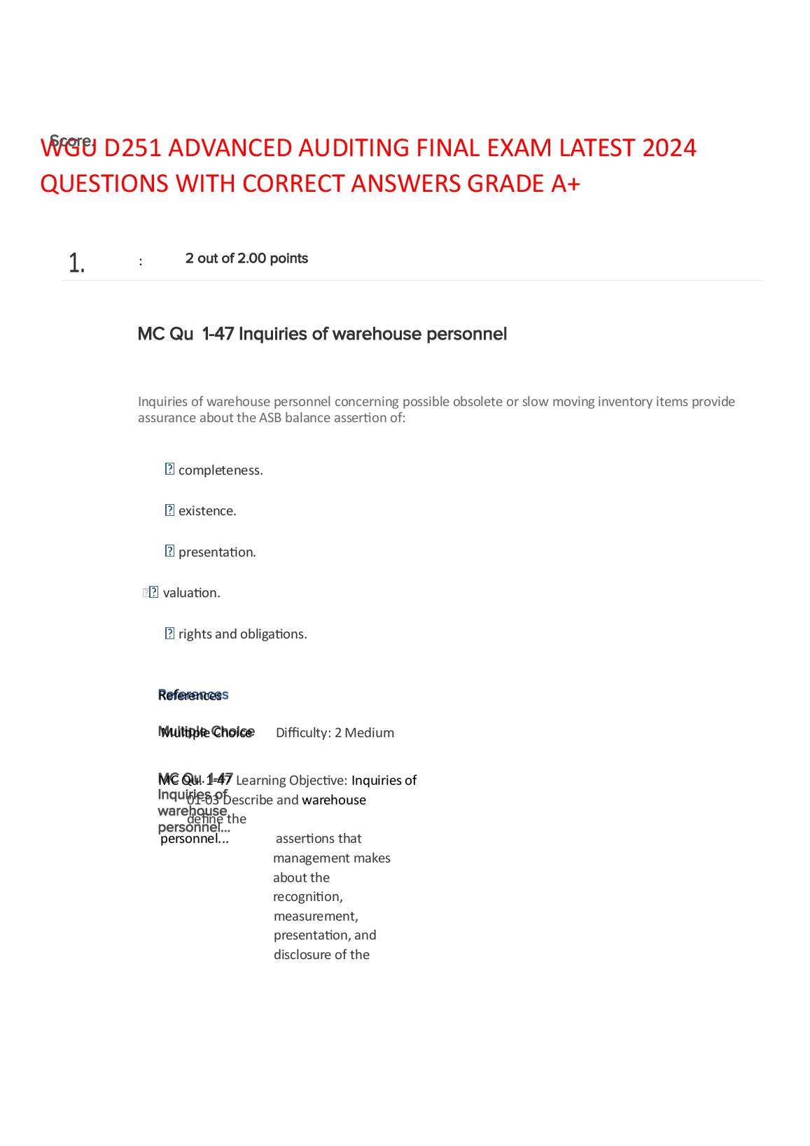 WGU D251 Advanced Auditing Final Exam Questions and Answers for Grade A+ Success