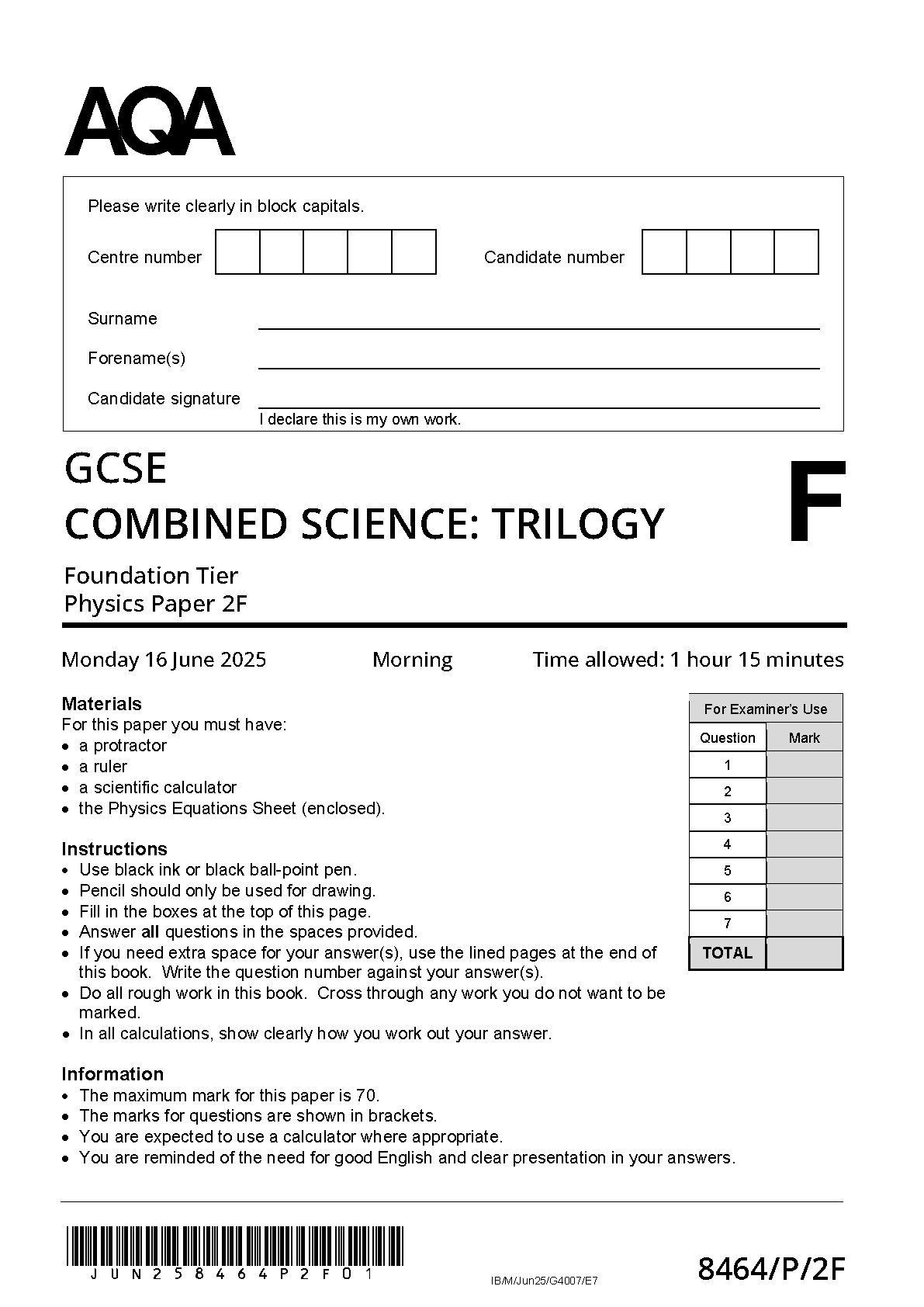 MERGED 2025 AQA GCSE COMBINED SCIENCE TRILOGY Physics Paper 2F Question Paper and Mark Scheme (8464/P/2F)