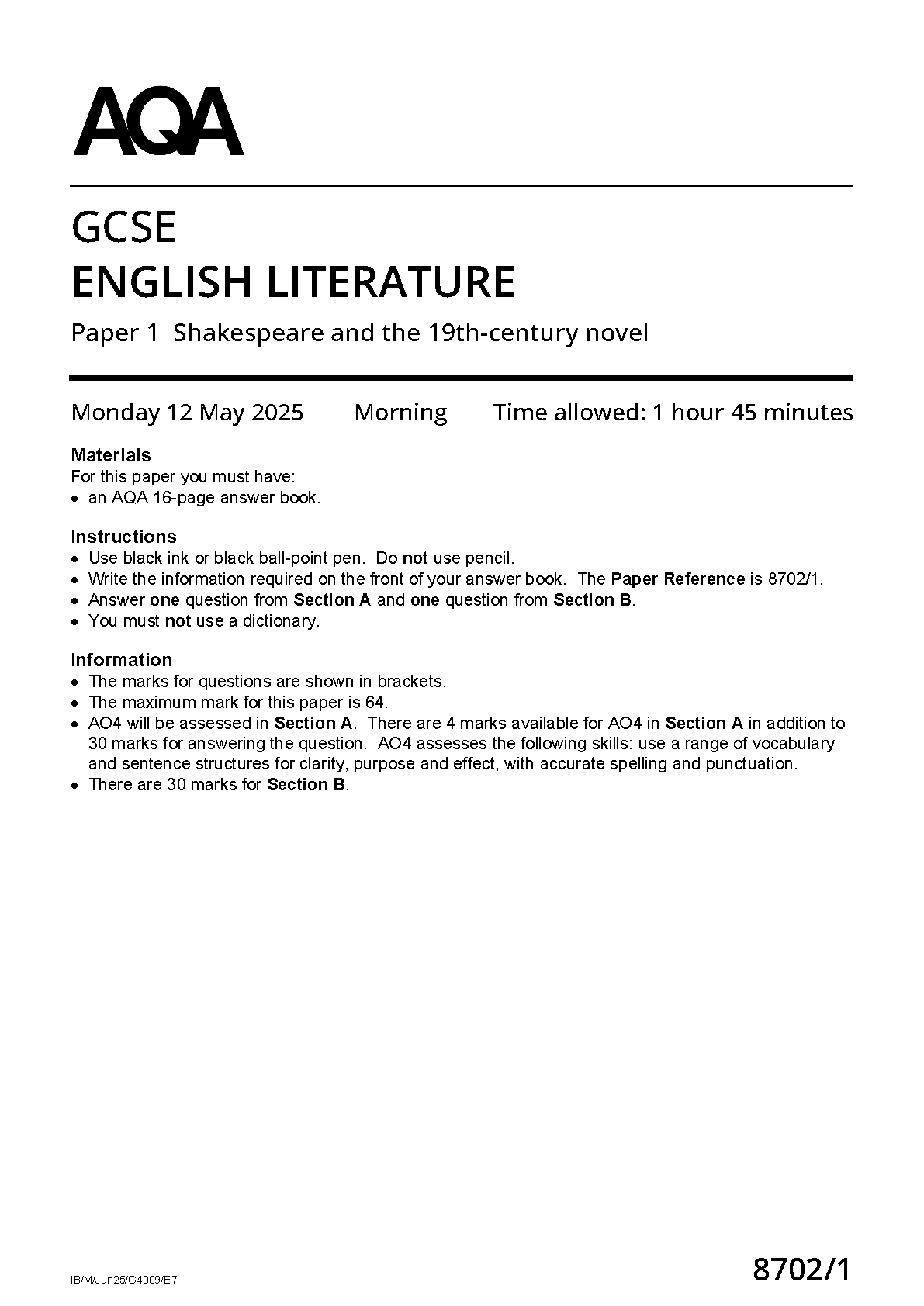 BUNDLE 2025 AQA GCSE ENGLISH LITERATURE Paper 1 Question Paper and Mark Scheme (8702/1: Shakespeare and the 19th-century novel)